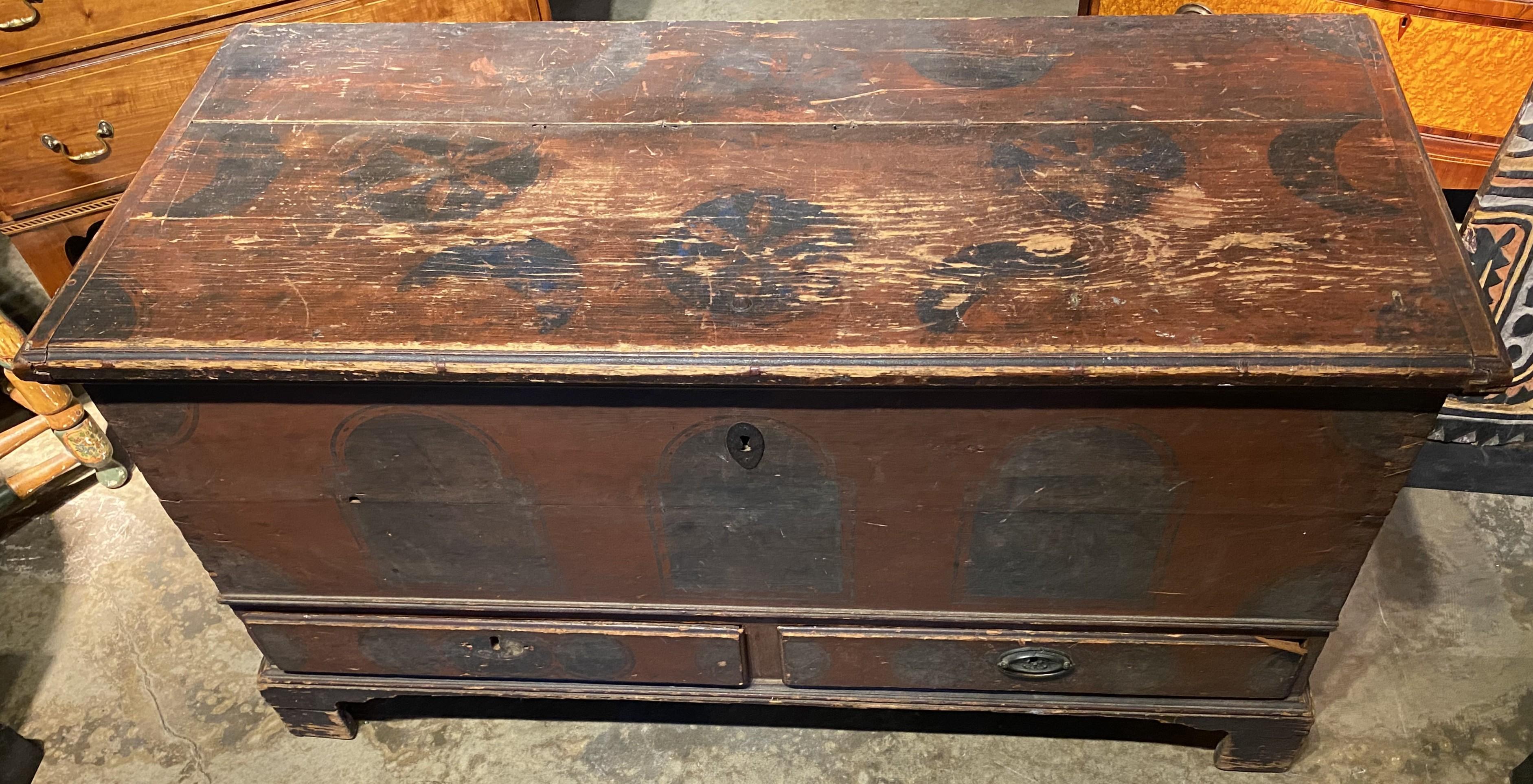 American 18th Century Pennsylvania Painted Two Drawer Dowry or Blanket Chest For Sale
