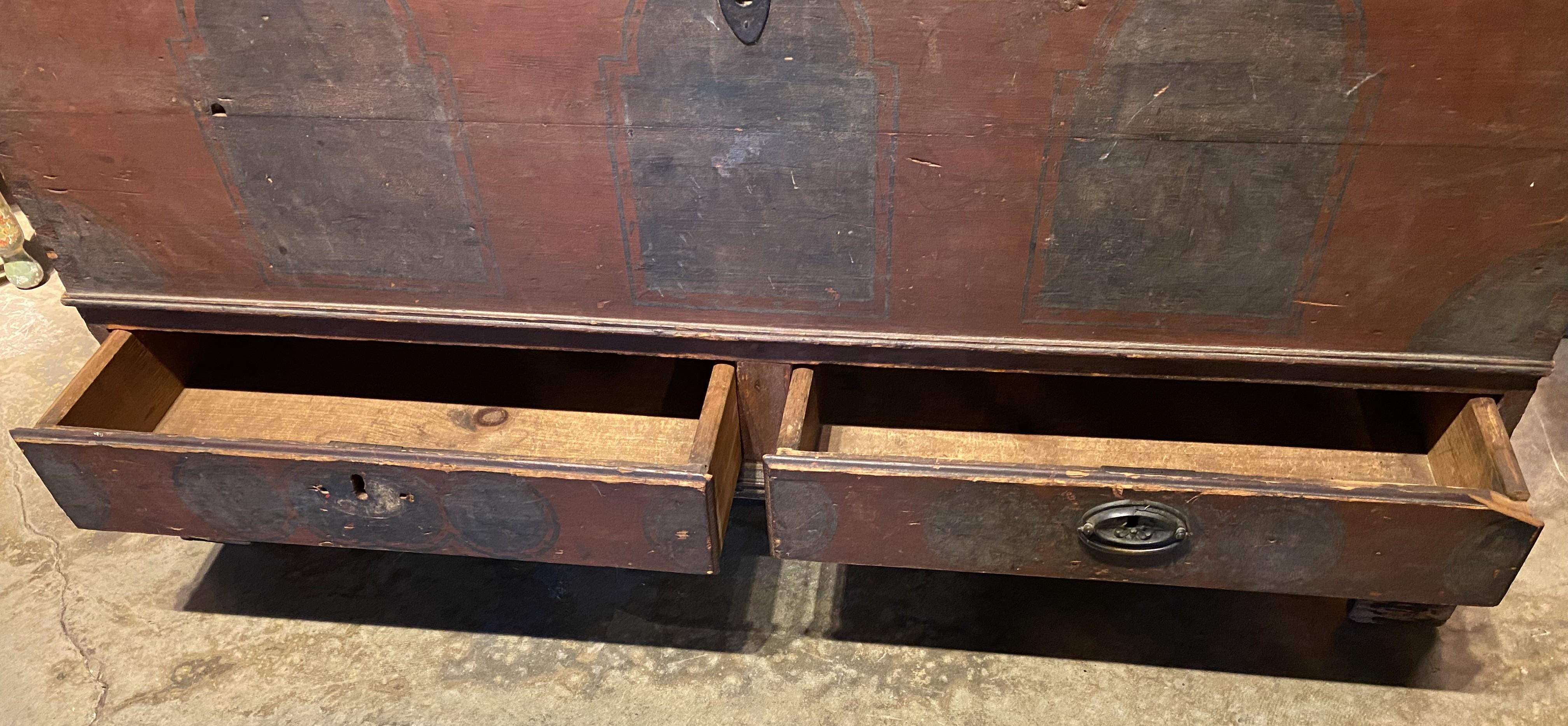 18th Century Pennsylvania Painted Two Drawer Dowry or Blanket Chest For Sale 1