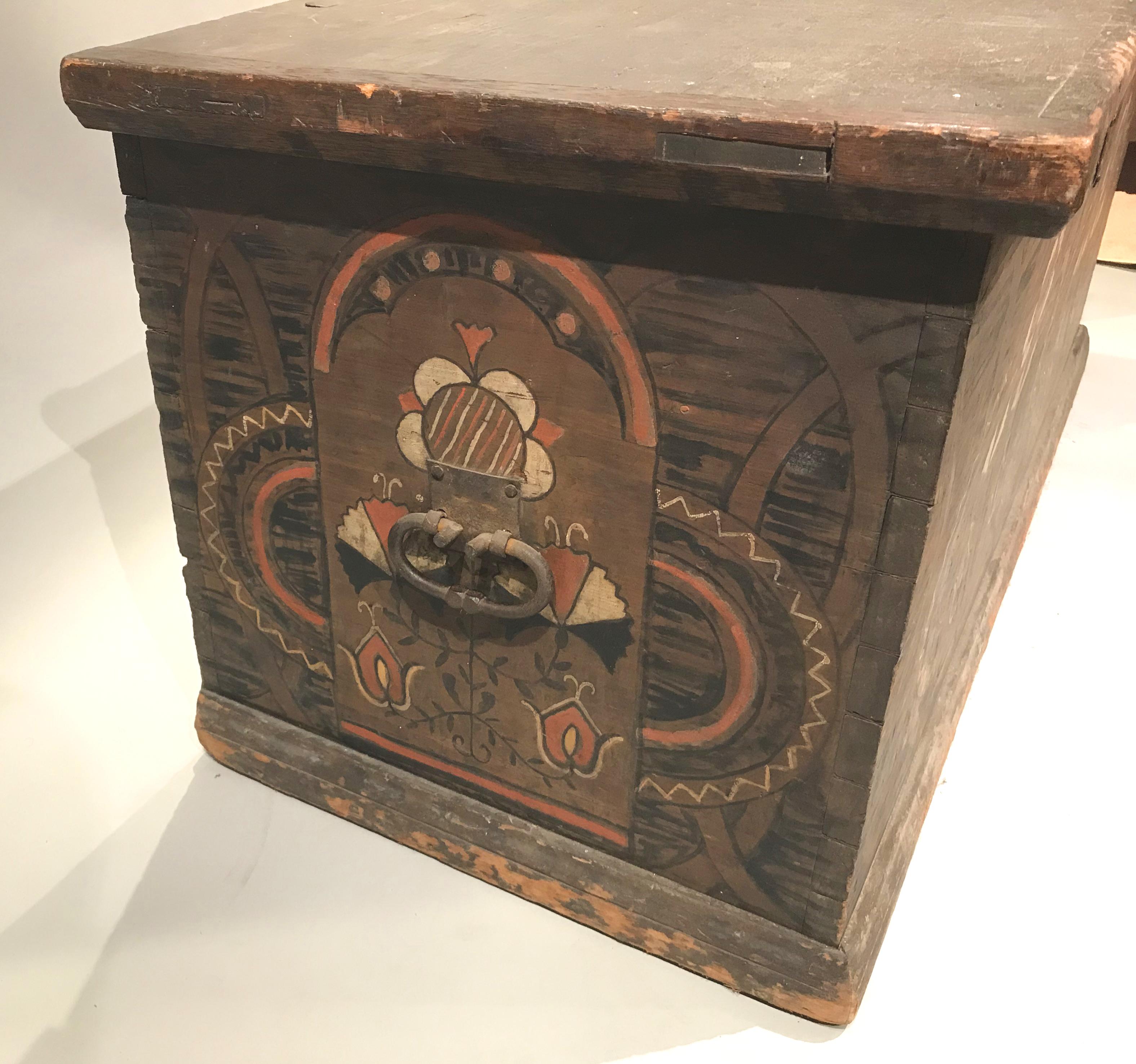 Polychromed 18th Century  Polychrome Decorated Tulipwood Dower Chest
