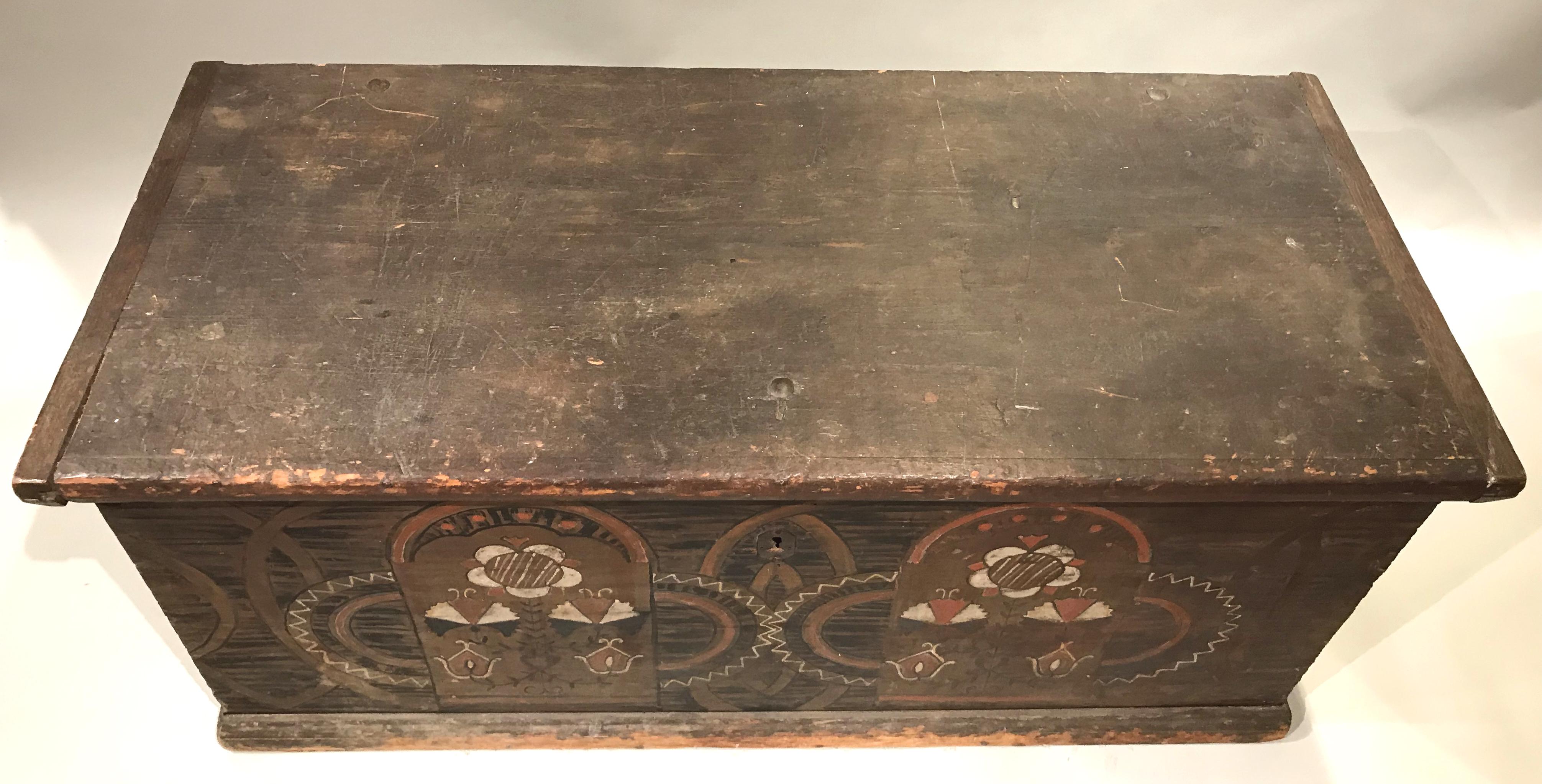 18th Century and Earlier 18th Century  Polychrome Decorated Tulipwood Dower Chest
