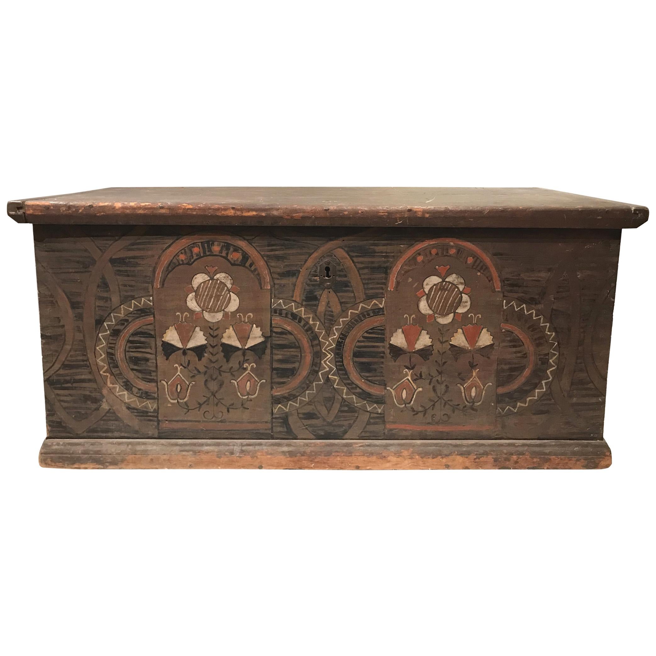 18th Century  Polychrome Decorated Tulipwood Dower Chest