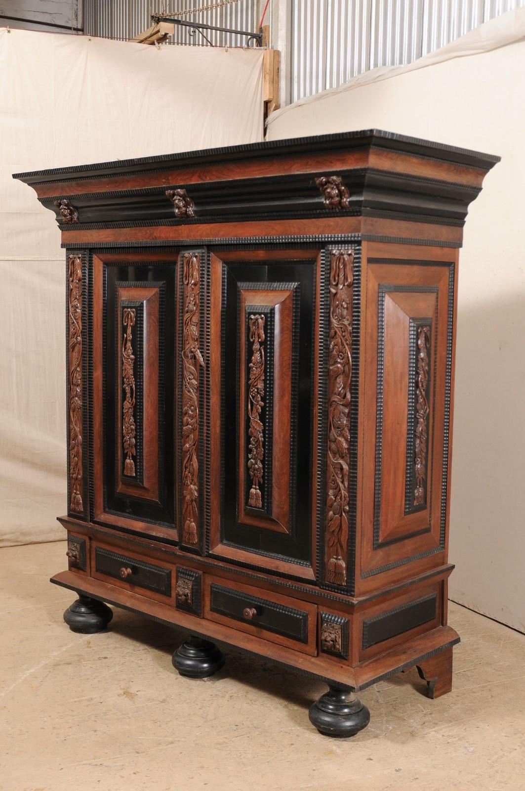 18th Century Period Baroque Kas Wardrobe Cabinet with Rich Carved Wood Details In Good Condition For Sale In Atlanta, GA