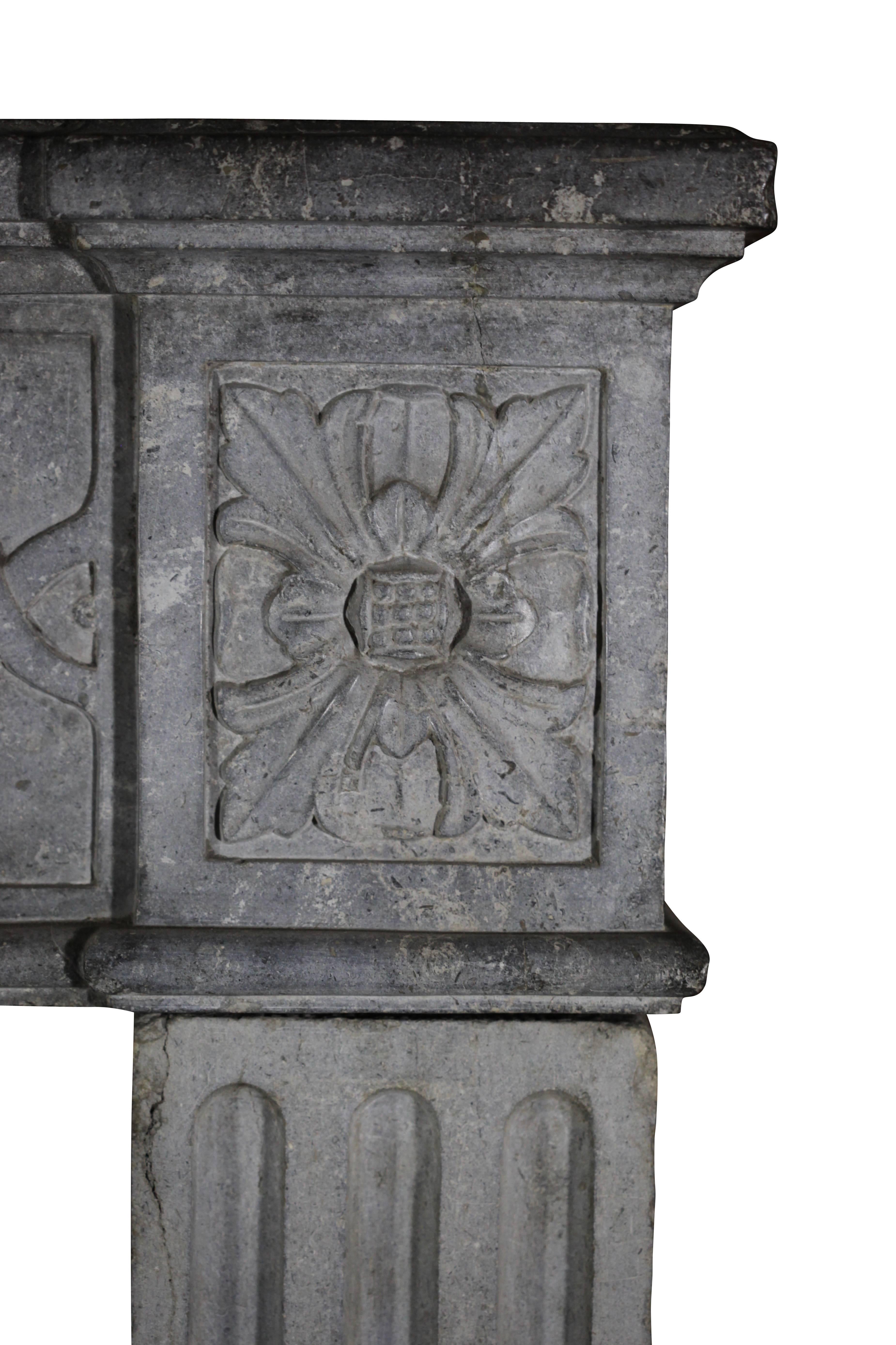 Carved 18th Century Period French Timely Grey Hard Limestone Fireplace Surround For Sale
