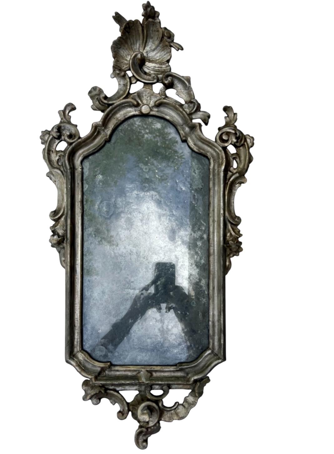 18th Century Period Rococo Venetian Carved and Silvered Mirror

Antique hand carved mirror, from circa 1750 Venice, Italy. This Rococo silverleaf cartouche mirror features a shaped piece of original mercury glass surrounded by a silvered carved