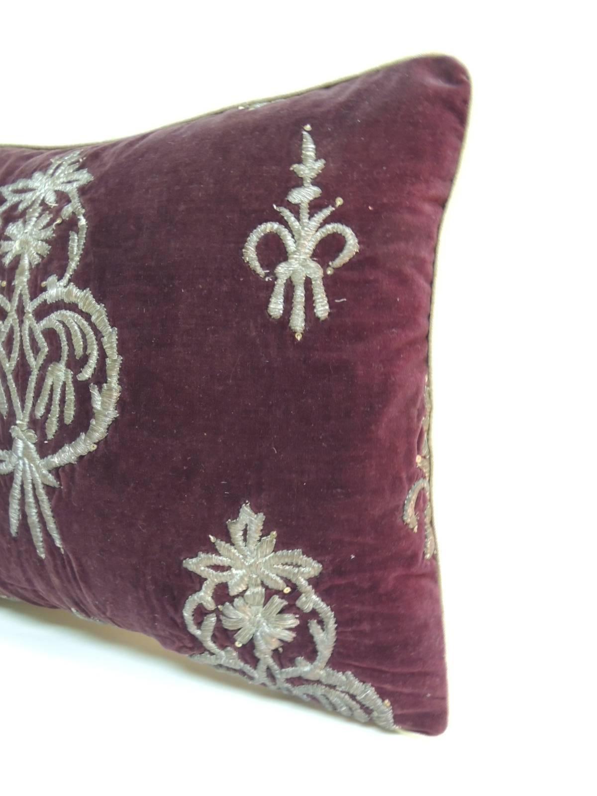 18th century Persian metallic threads embroidered throw pillow. Handcrafted accent pillow with metallic silver color threads embroidered onto a brown silk velvet with custom silk gold piping same as backing
One-of-a-kind 18th century textile
