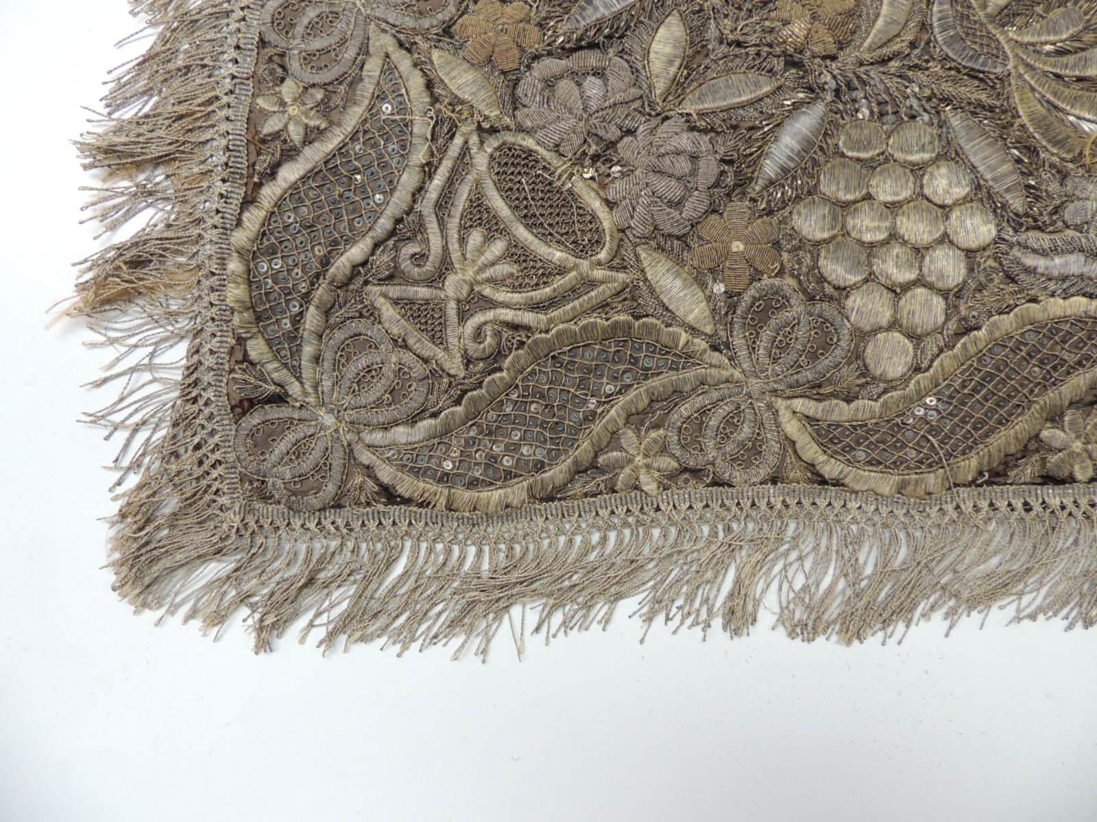 Antique Textile Collection:
18th Century Persian Ottoman Empire Heavy Gold Metallic Threads Textile.
Intricate one-of-the-kind hand woven antique gold threads panel. Depicting, leaves, flowers and grapes
metallic threads on silk. With small silk