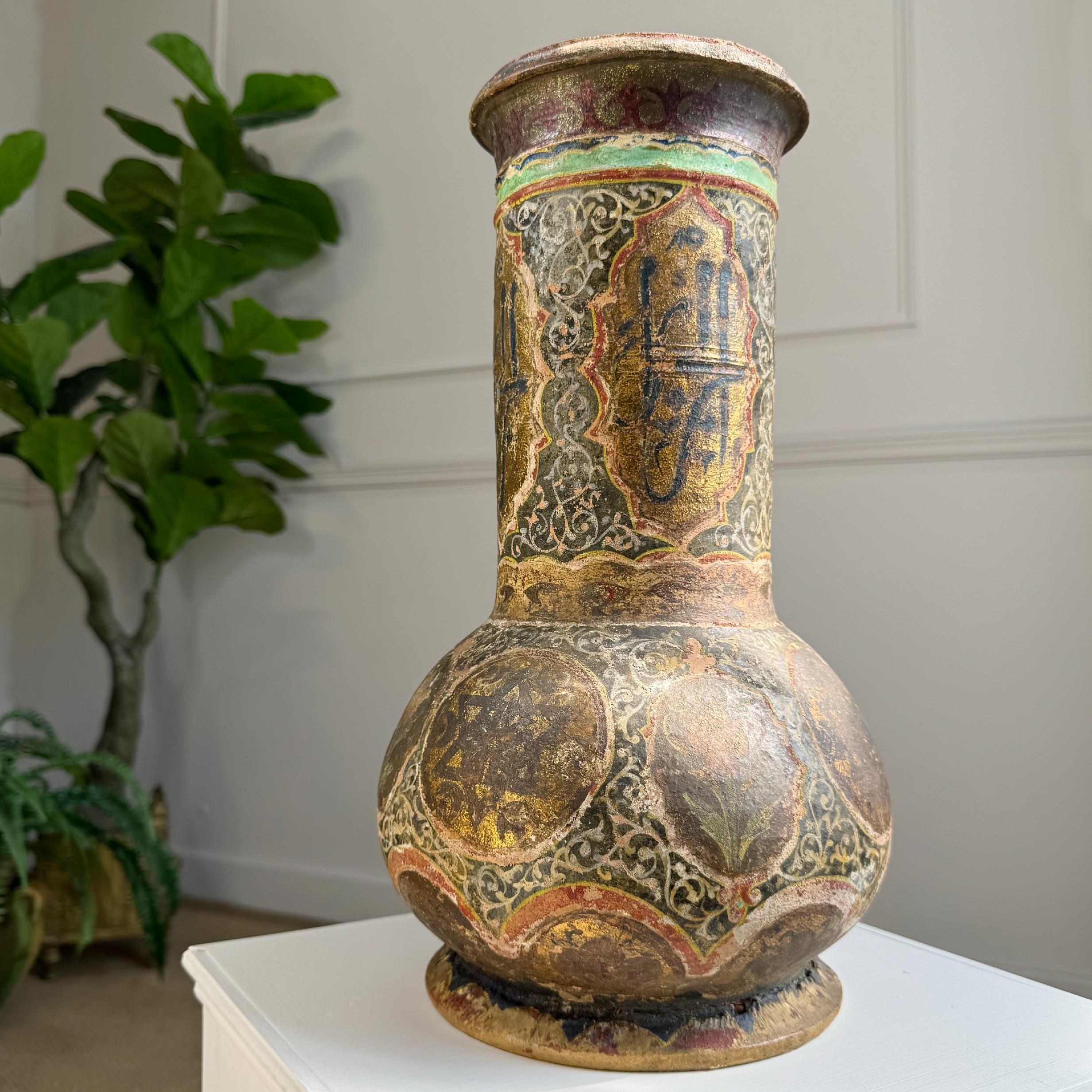 18th Century Persian Polychrome and Gold Decorated Terracotta Vase For Sale 5