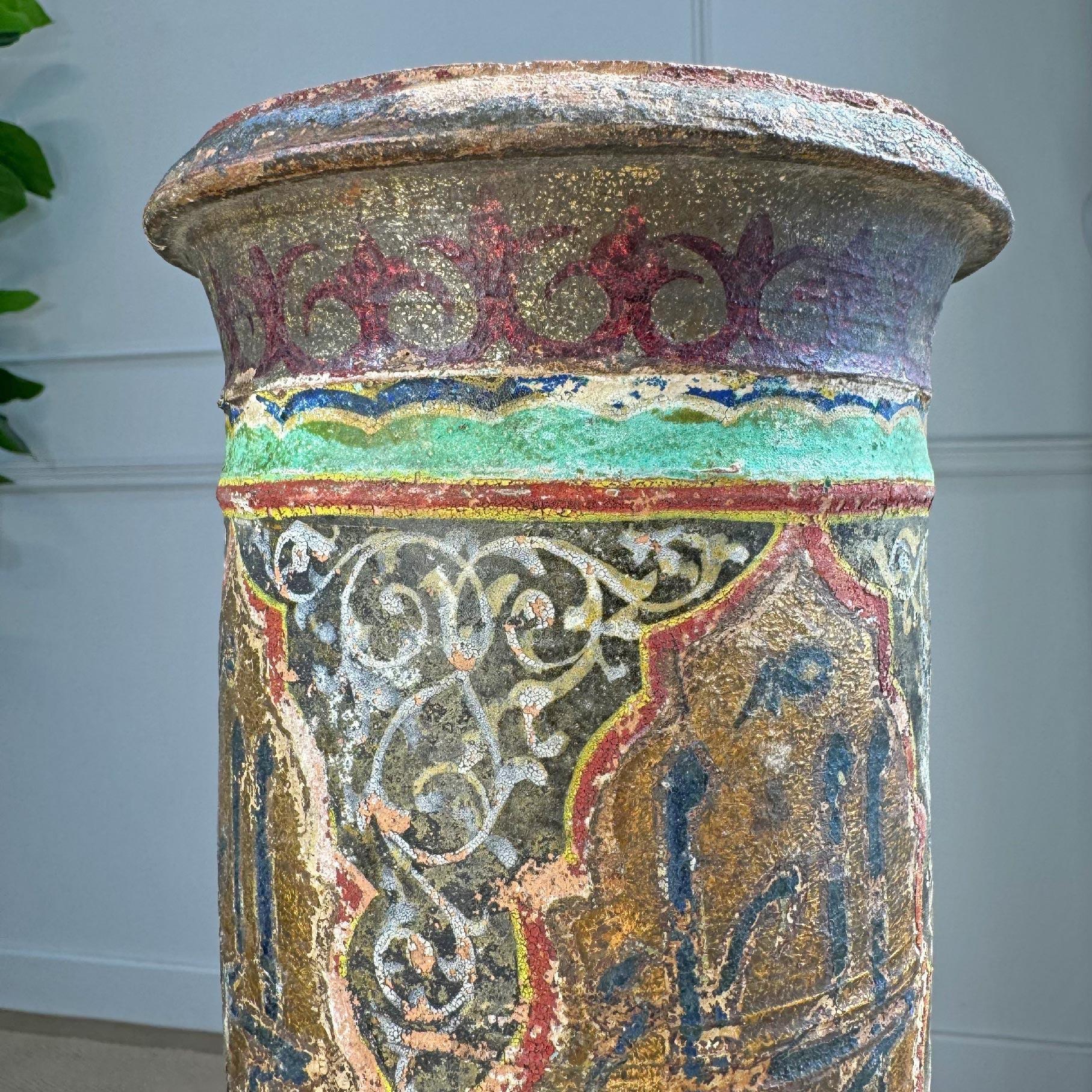 Islamic 18th Century Persian Polychrome and Gold Decorated Terracotta Vase For Sale