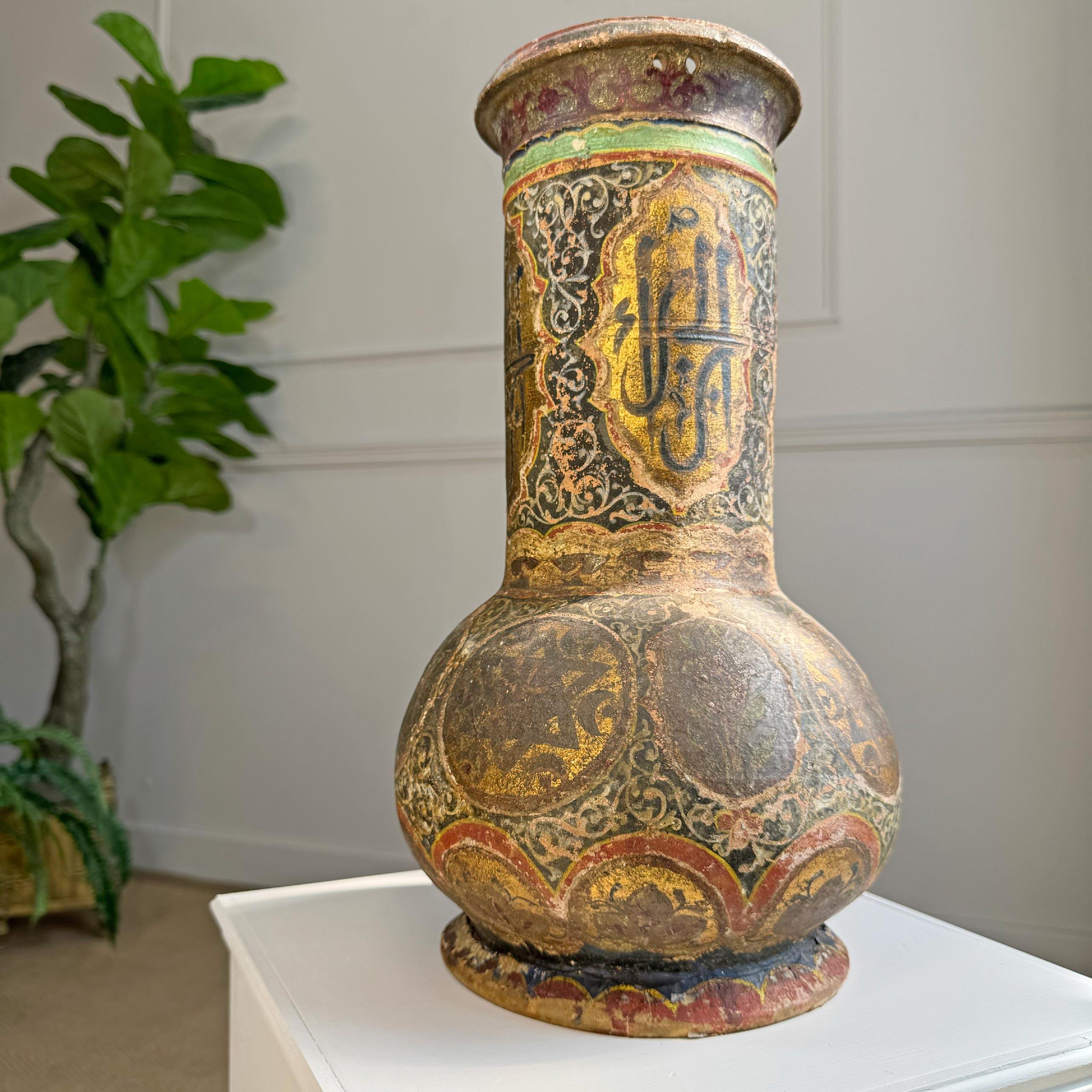 Gilt 18th Century Persian Polychrome and Gold Decorated Terracotta Vase For Sale