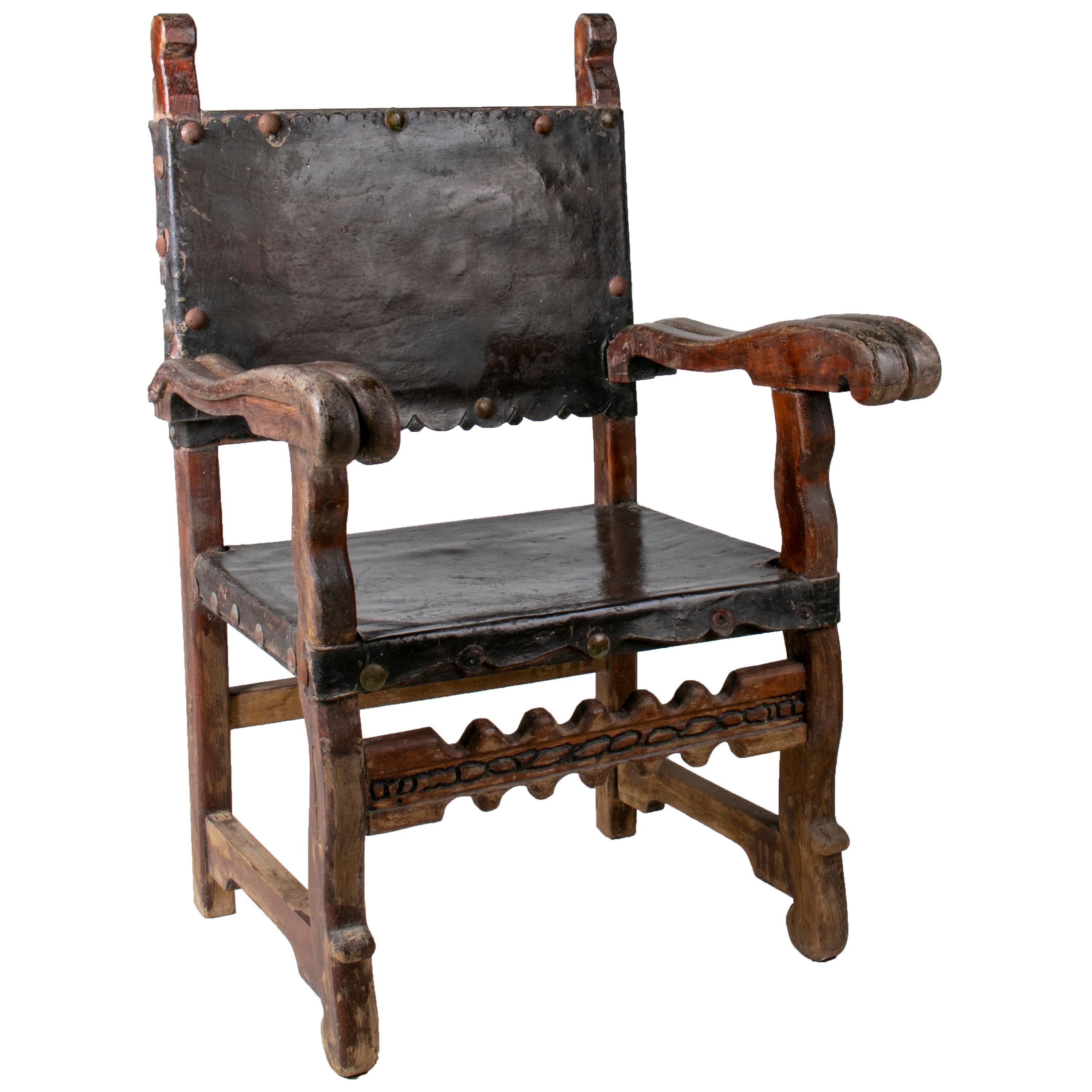 chaise péruvienne "Frailero" en bois du 18e siècle avec siège et dossier en cuir