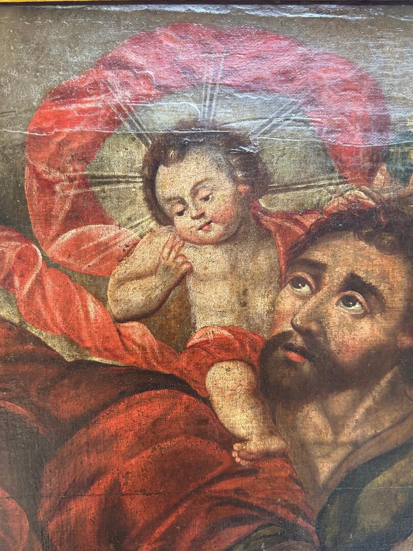 Óleo Colonial Español Peruano del Siglo XVIII sobre Lienzo -  San Cristóbal
Este óleo sobre lienzo colonial español del siglo XVIII, que representa a San Cristóbal llevando al Niño Jesús, es un sorprendente ejemplo del arte religioso de la Escuela