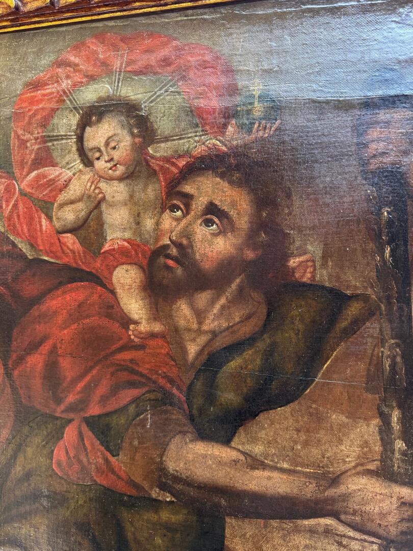 Óleo Colonial Español Peruano del Siglo XVIII sobre Lienzo -  San Cristóbal en Bueno estado para la venta en Rio De Janeiro, BR