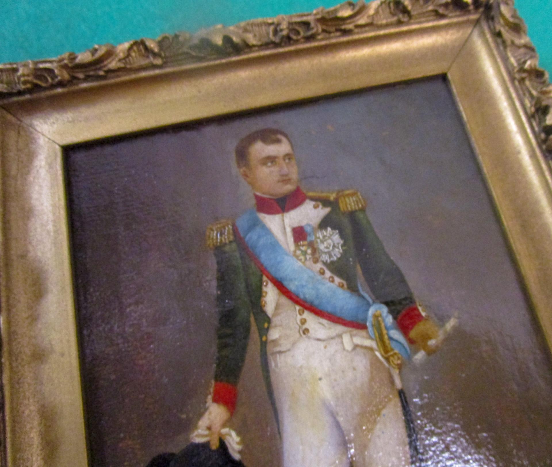 This handsome petite oil painting measures five inches x seven inches at the sight line and  is signed by the unknown artist Renee. It portrays a younger Napoleon but shows many medals and an impressive stance.   Beautiful strong colors and much