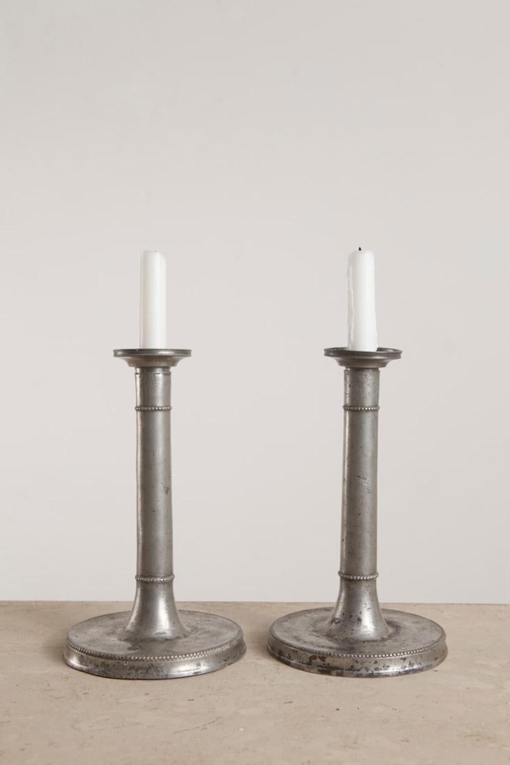 Swedish 18th Century Pewter Neoclassical Candlesticks Pair by Pehr Henrik Lundén, Sweden