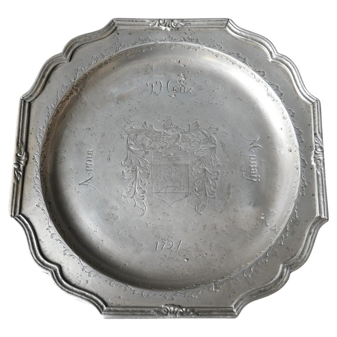 18th Century Pewter Plate With Important Coat Of Arms, dated 1721