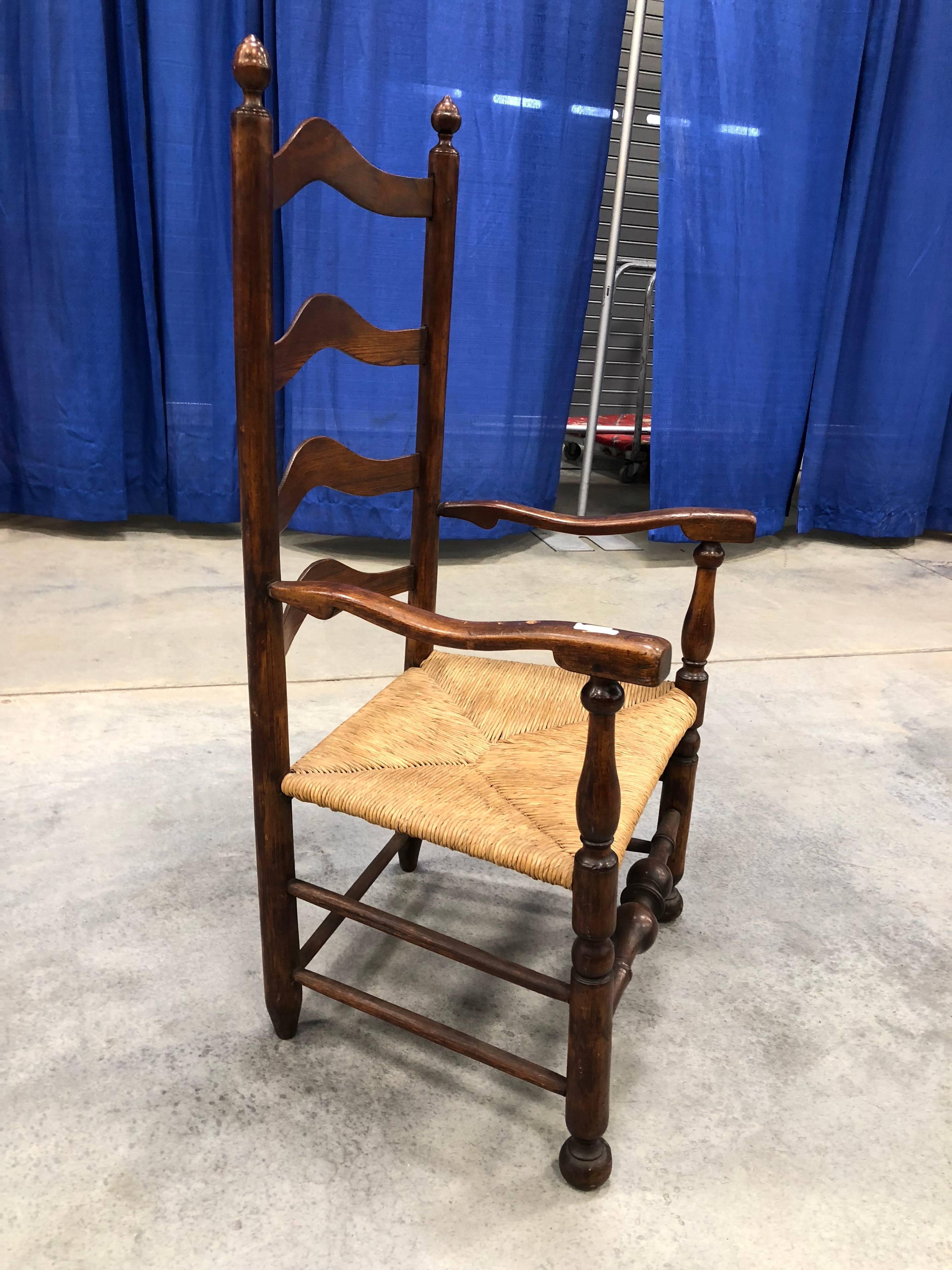 American Colonial 18th Century Philadelphia Ladder Back Armchair Turned Stretcher, 1760 For Sale