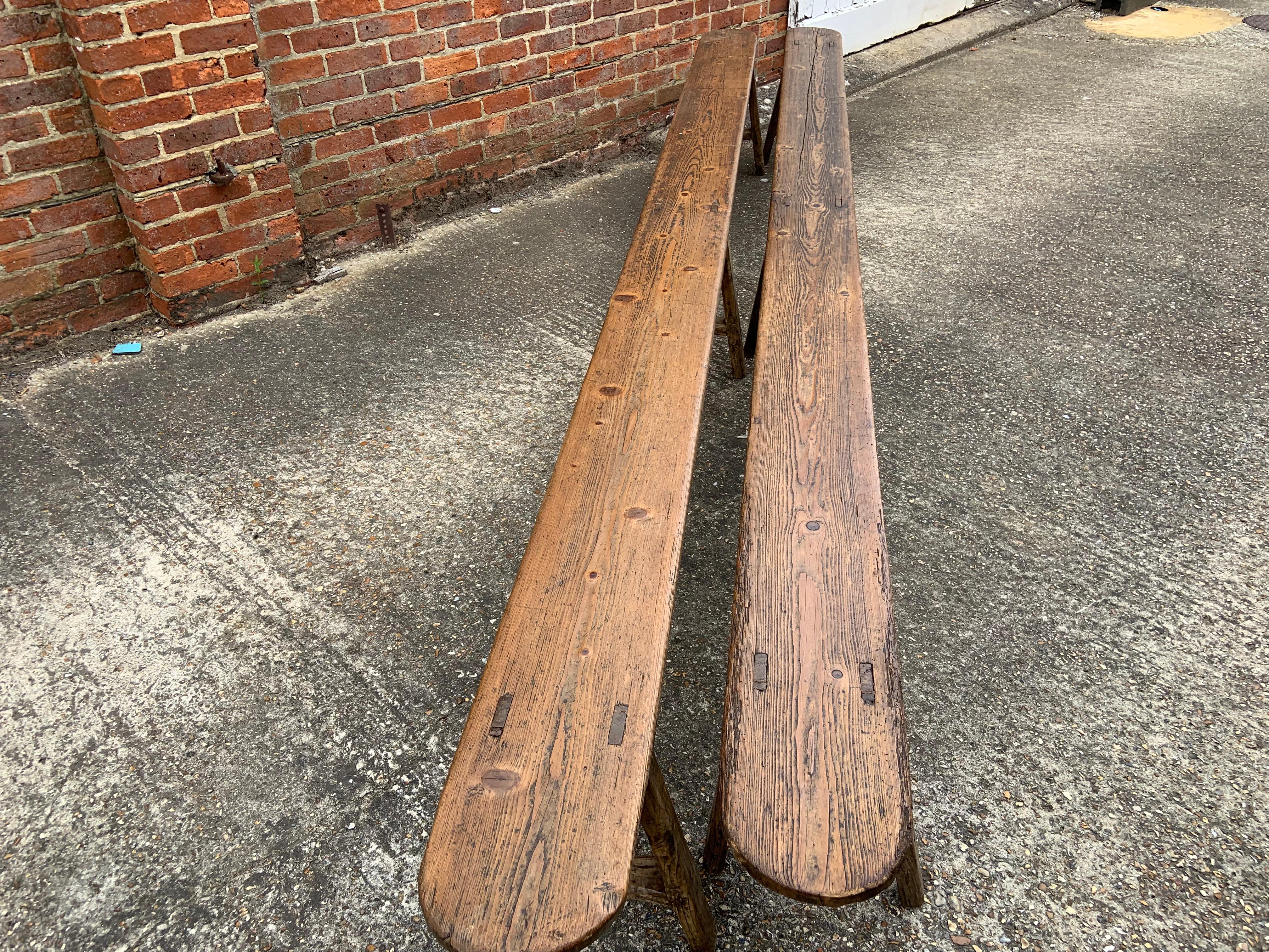 A pair of 18th century long pine benches. Good seat size and all sturdy. Good colour and patina. 
 