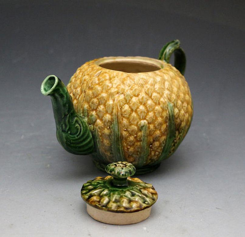 British 18th Century Pineapple Pattern Lead Glazed Creamware Pottery Teapot For Sale