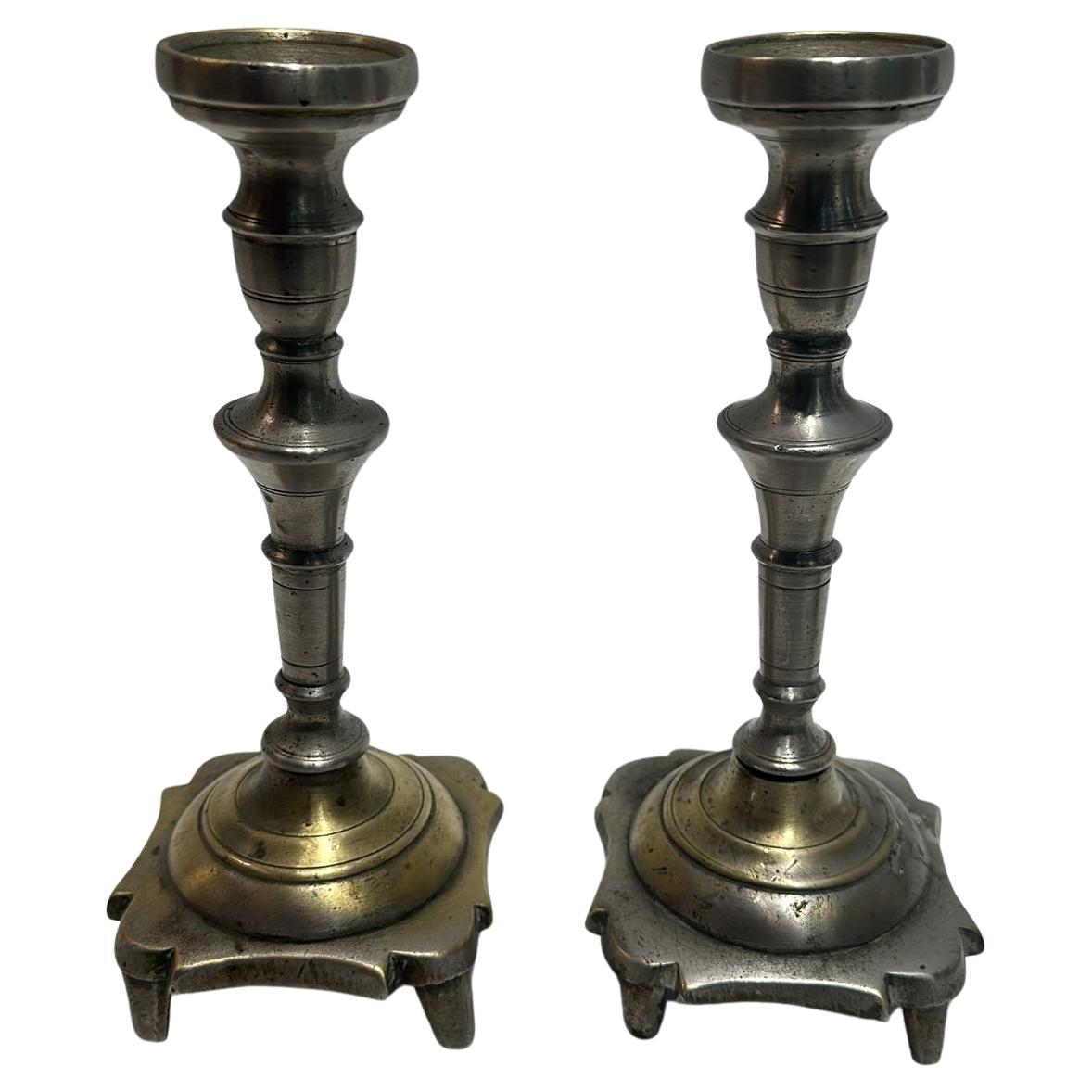18th-Century Polish Candle Holders – Primitive Judaica with Silvering Remnants