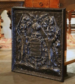 18th Century Polished Iron Fireback with Family Coat of Arms and Men at Arms
