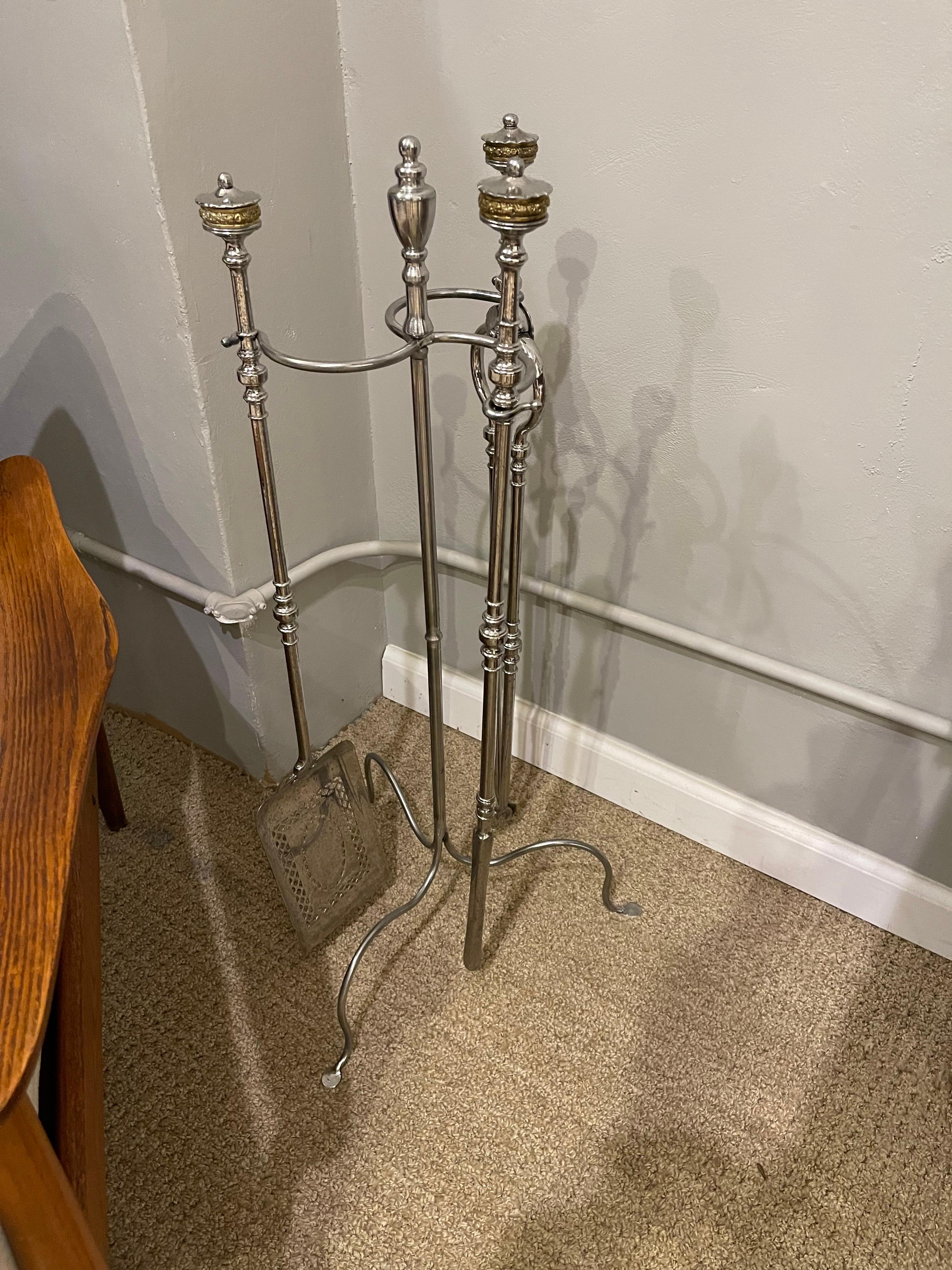 George III 18th Century Polished Steel Fireplace Tools on Stand For Sale