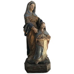 18th Century Poly Chrome Wooden Sculpture Virgin and Child