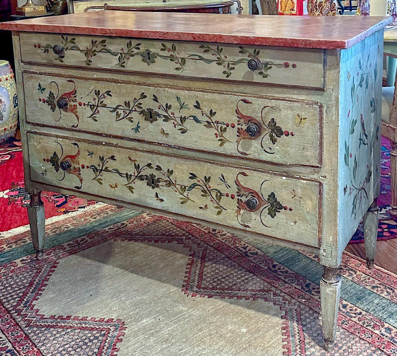 Hand-Painted 18th Century Polychrome Painted Faux Marble Top Neoclassical Chest of Drawers. For Sale