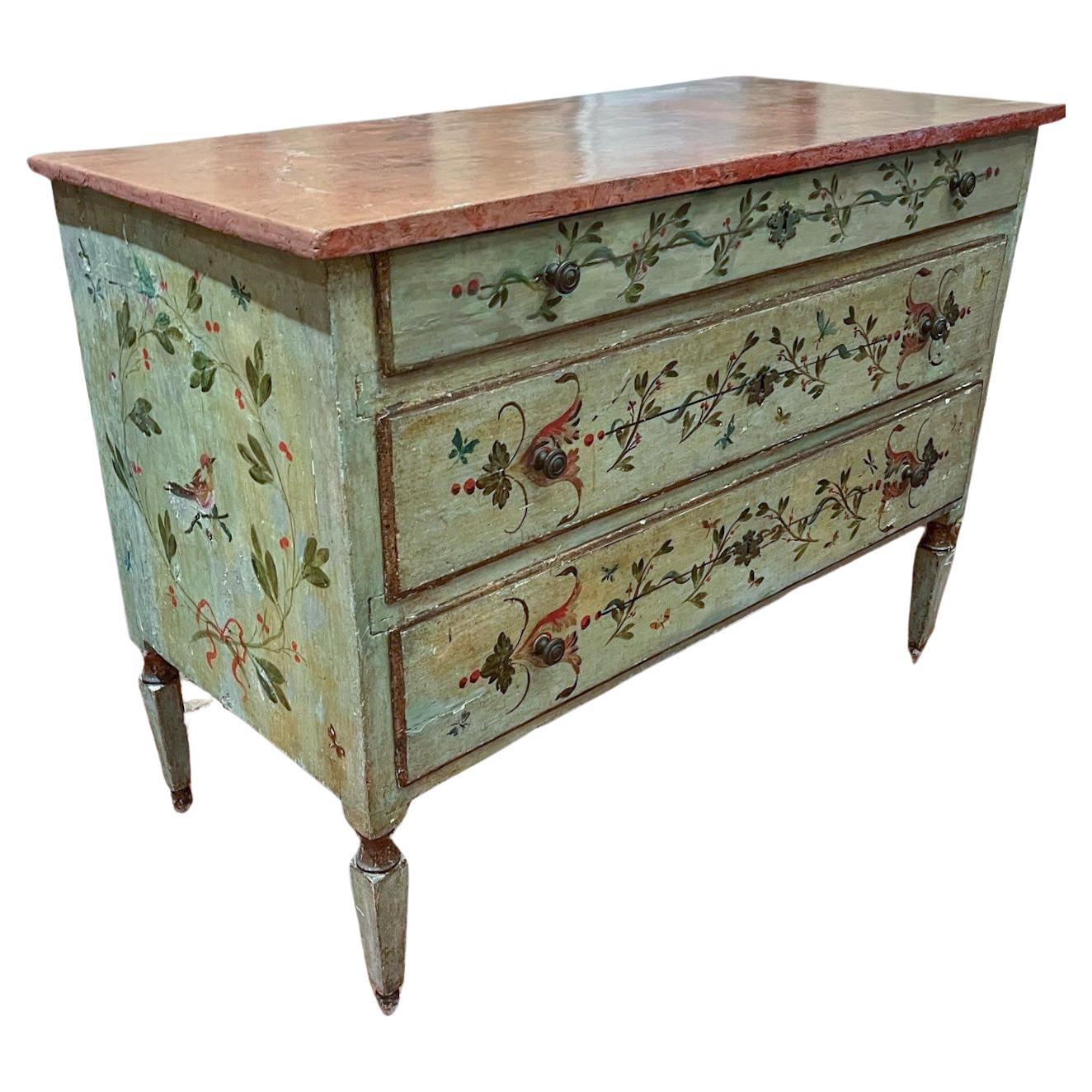 18th Century Polychrome Painted Faux Marble Top Neoclassical Chest of Drawers.