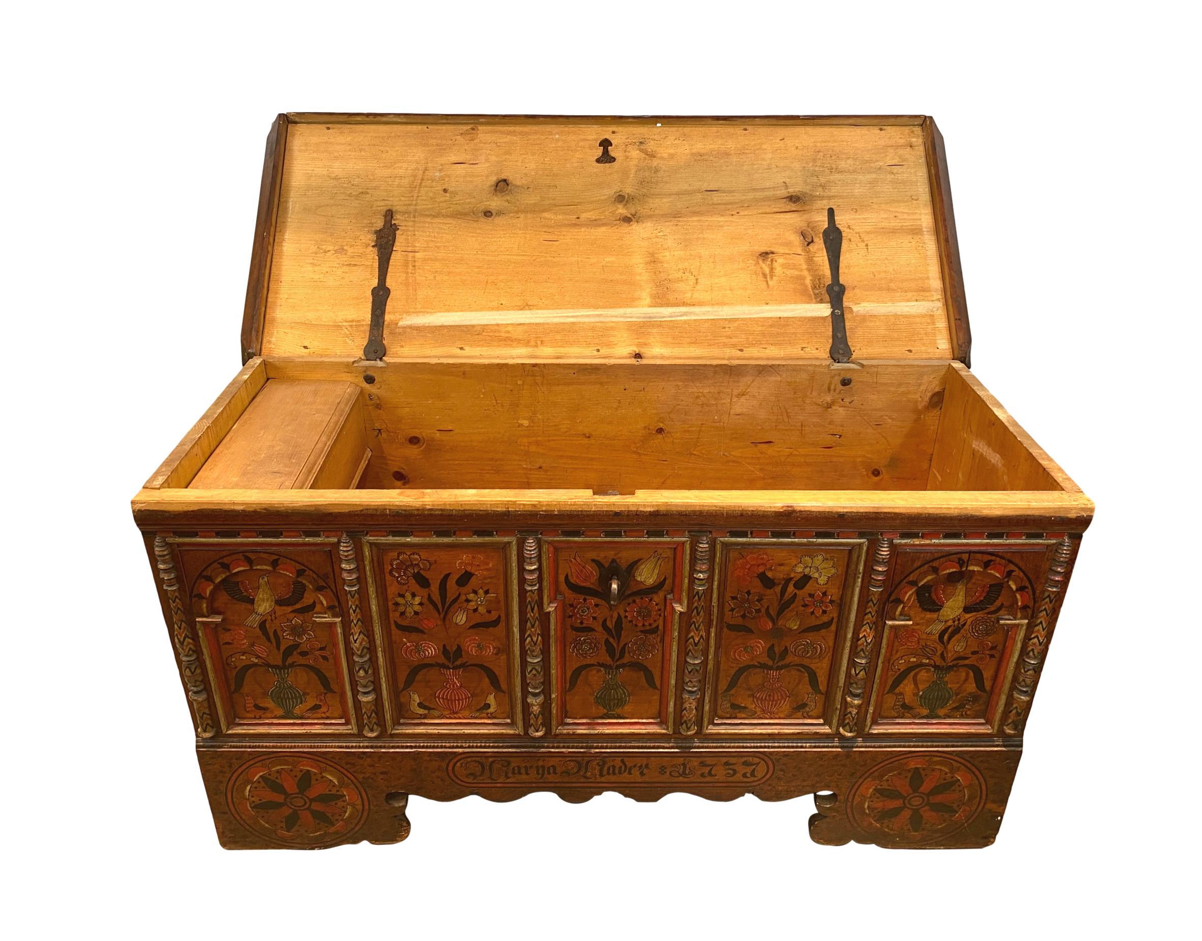 18th Century Polychrome-Painted Marriage Chest, Scarlet Ground, Austrian, 1757 For Sale 6