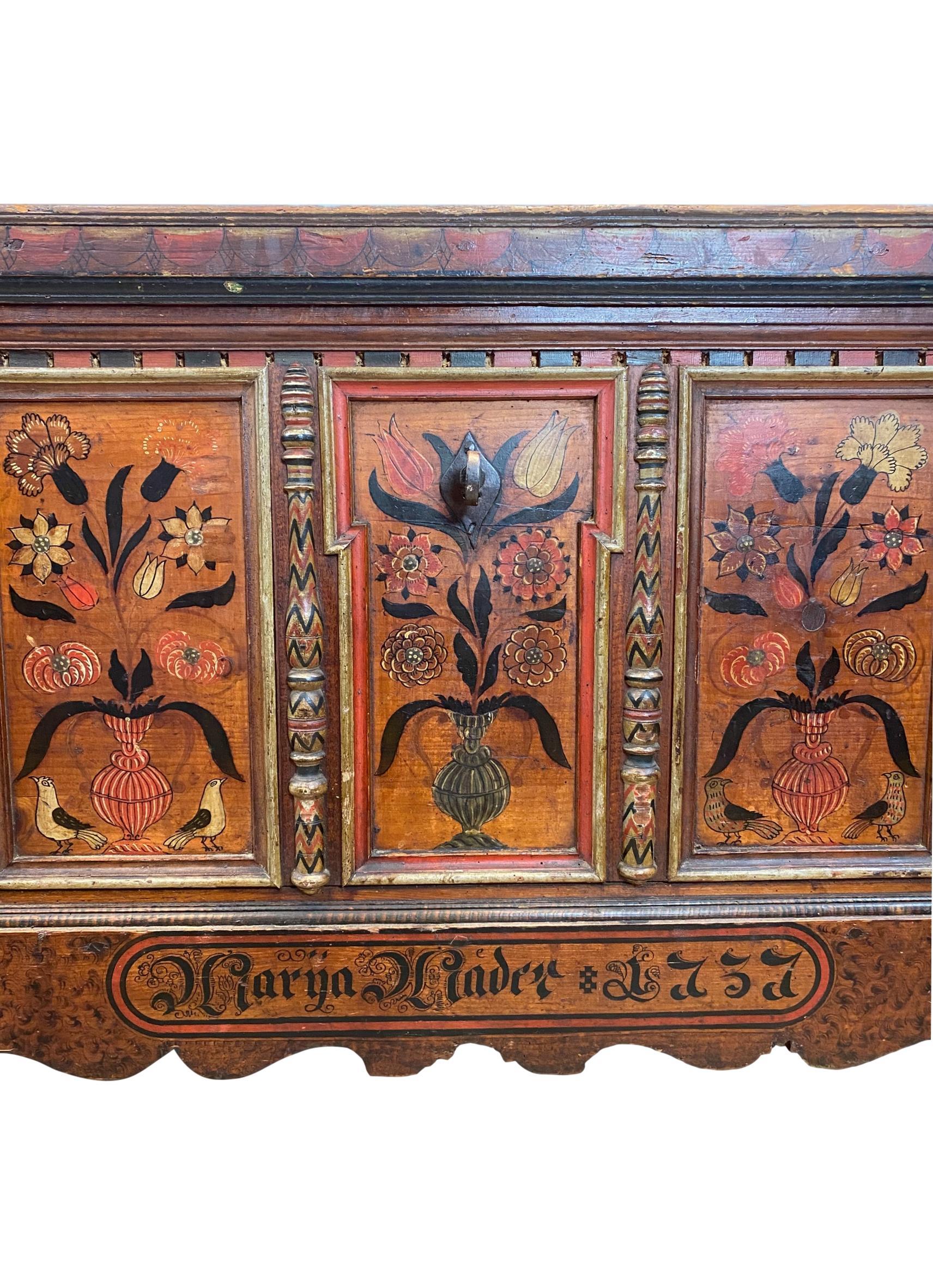 18th Century Polychrome-Painted Marriage Chest, Scarlet Ground, Austrian, 1757 In Good Condition For Sale In Banner Elk, NC