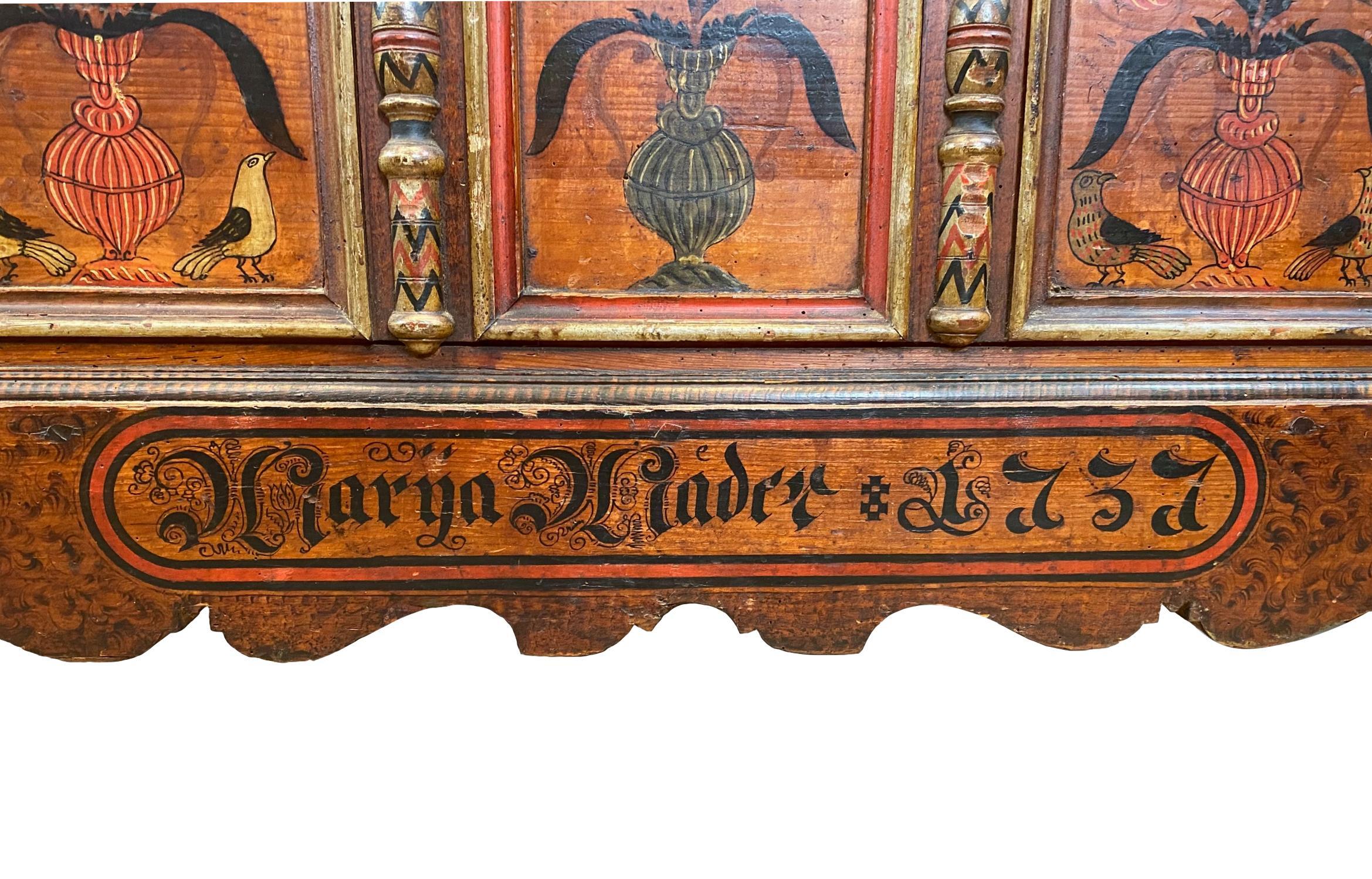 18th Century Polychrome-Painted Marriage Chest, Scarlet Ground, Austrian, 1757 For Sale 1