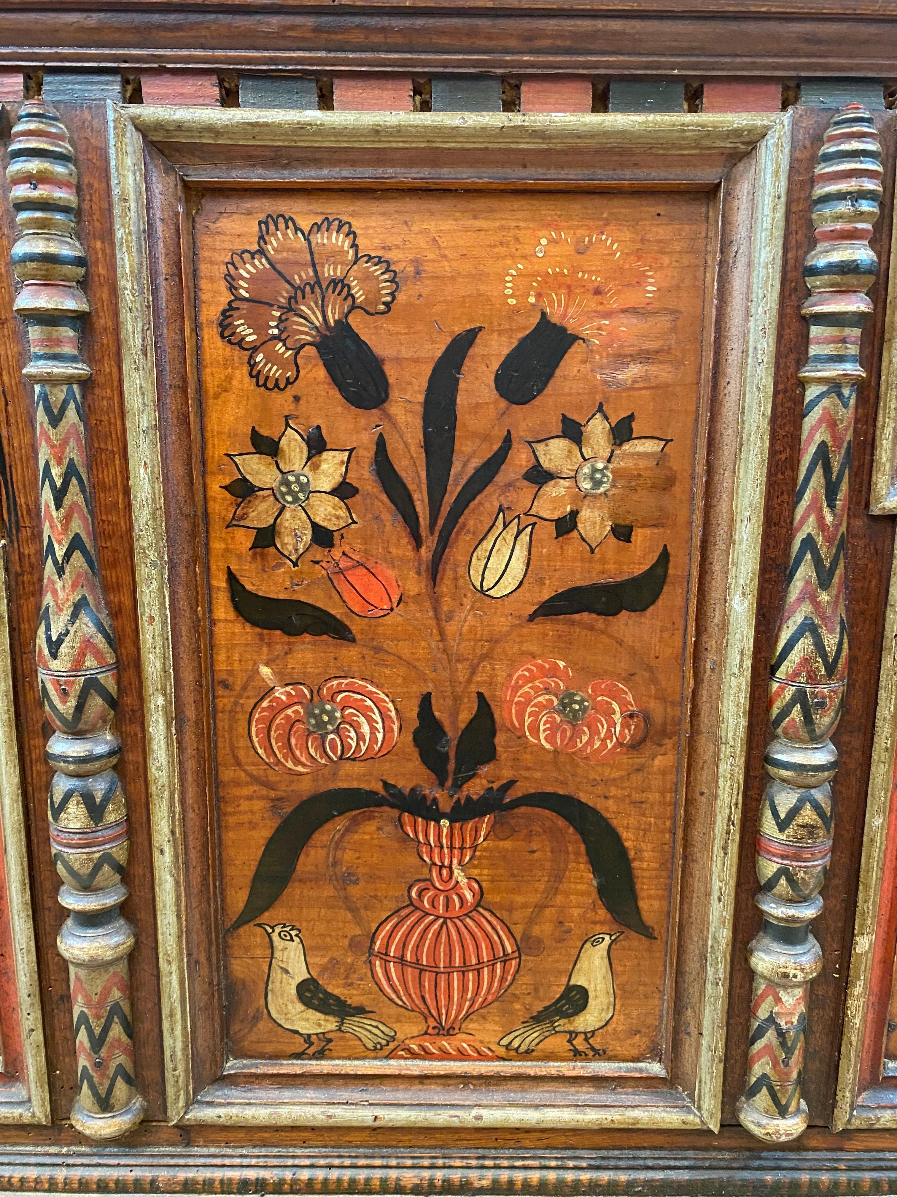 18th Century Polychrome-Painted Marriage Chest, Scarlet Ground, Austrian, 1757 For Sale 2