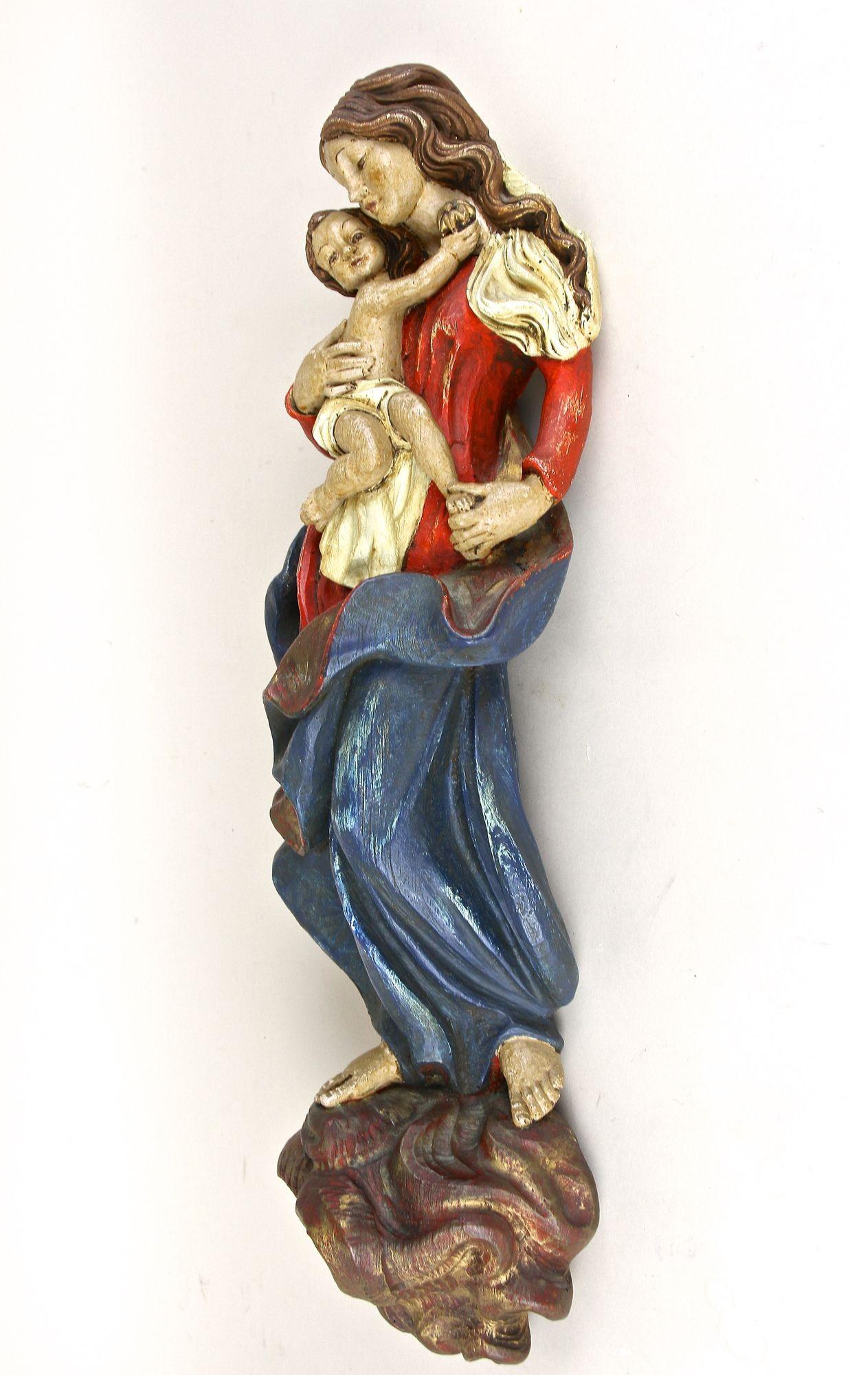 18th Century Polychrome Virgin & Child Wall Sculpture, Handcarved, AT ca. 1760 For Sale 6
