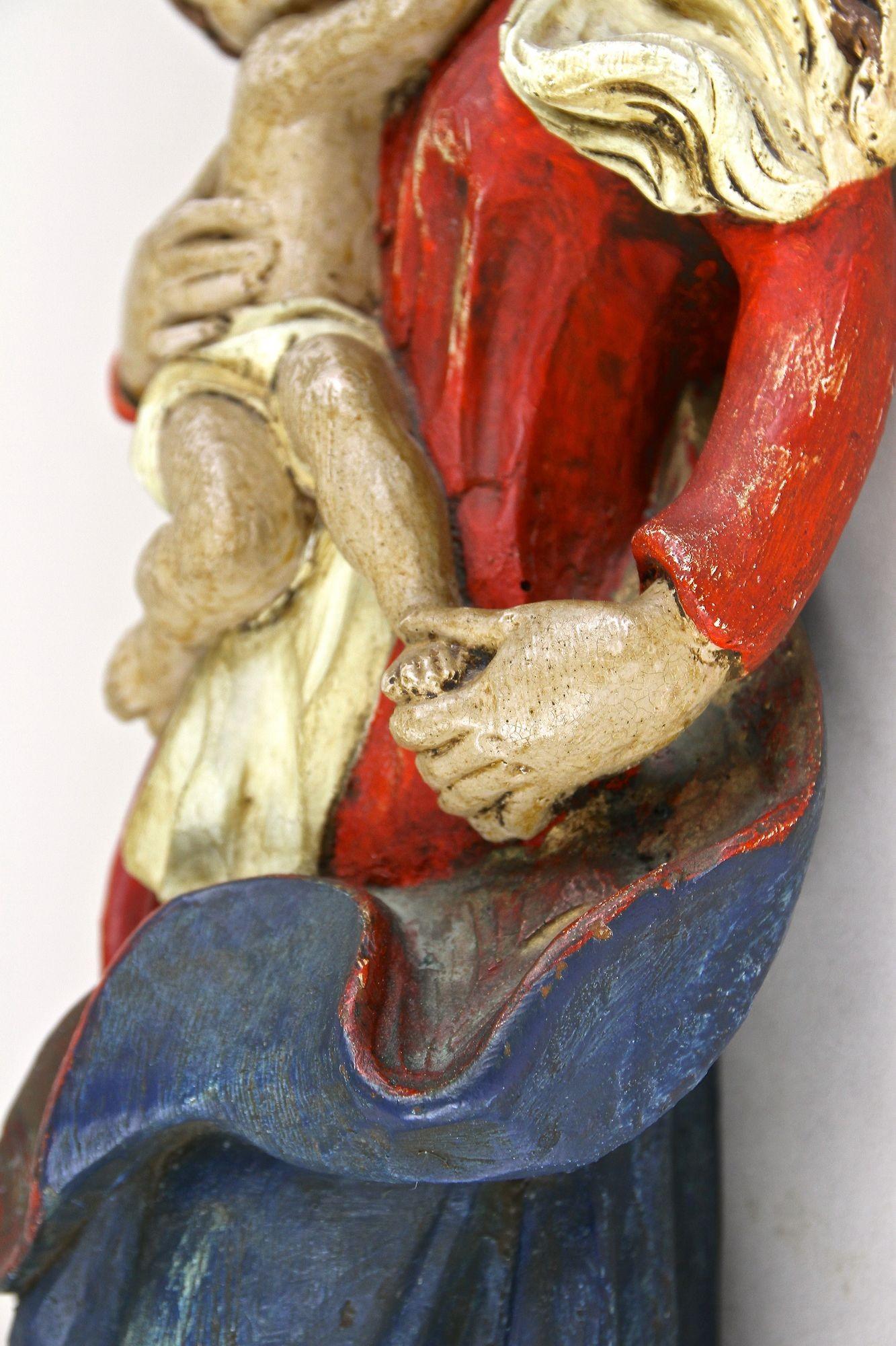 18th Century Polychrome Virgin & Child Wall Sculpture, Handcarved, AT ca. 1760 For Sale 8