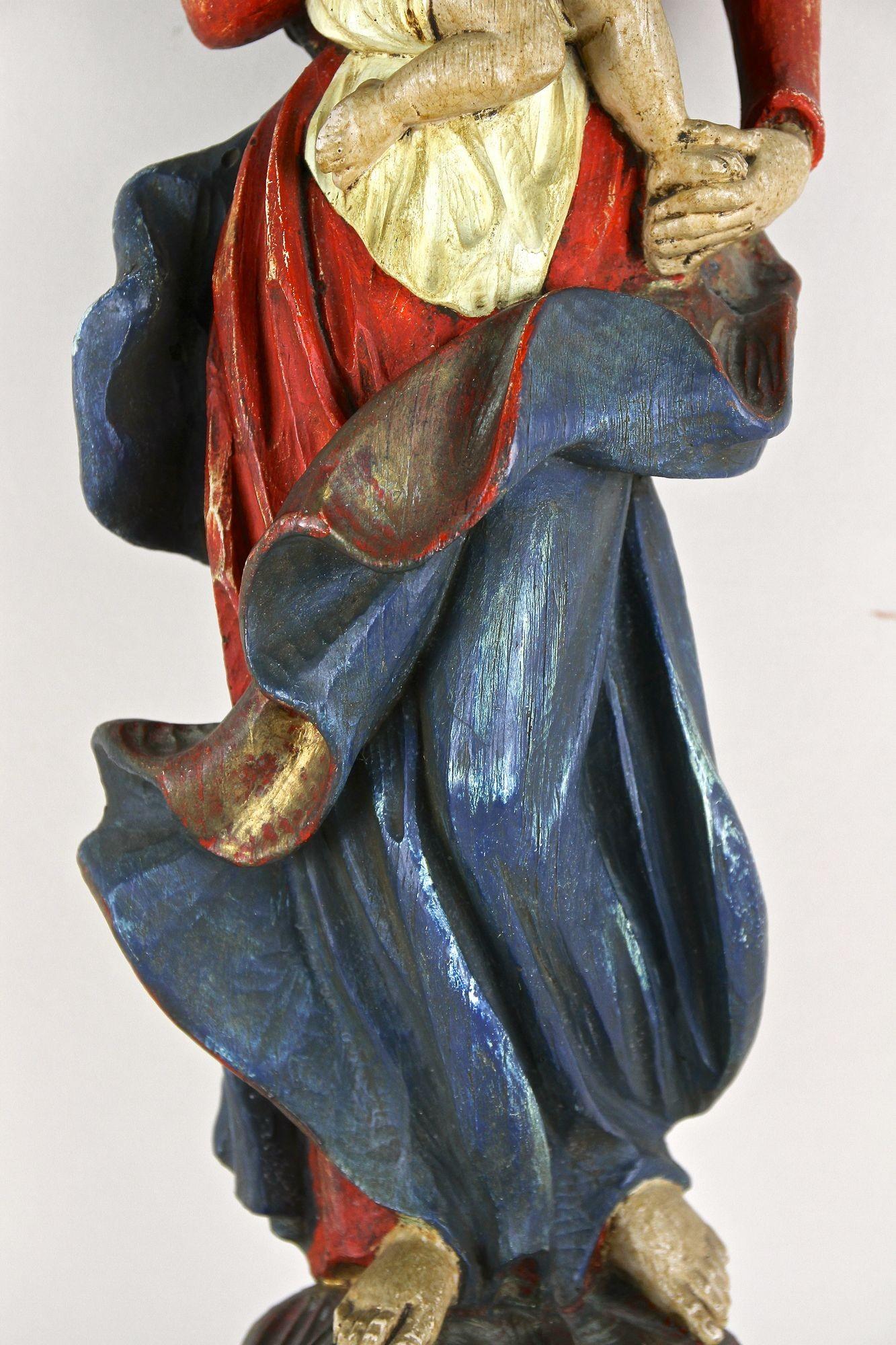 18th Century Polychrome Virgin & Child Wall Sculpture, Handcarved, AT ca. 1760 For Sale 11
