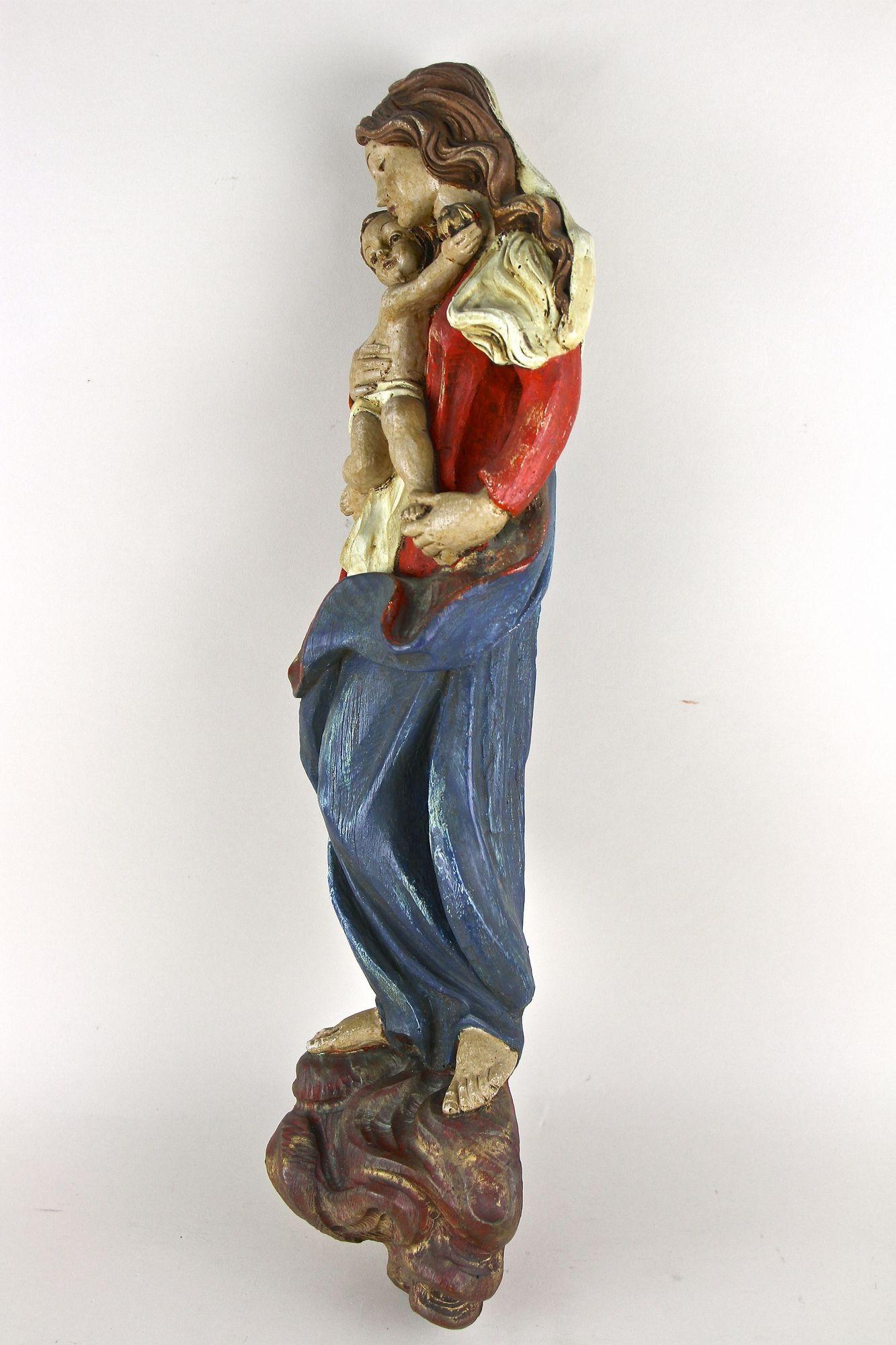 Baroque 18th Century Polychrome Virgin & Child Wall Sculpture, Handcarved, AT ca. 1760 For Sale