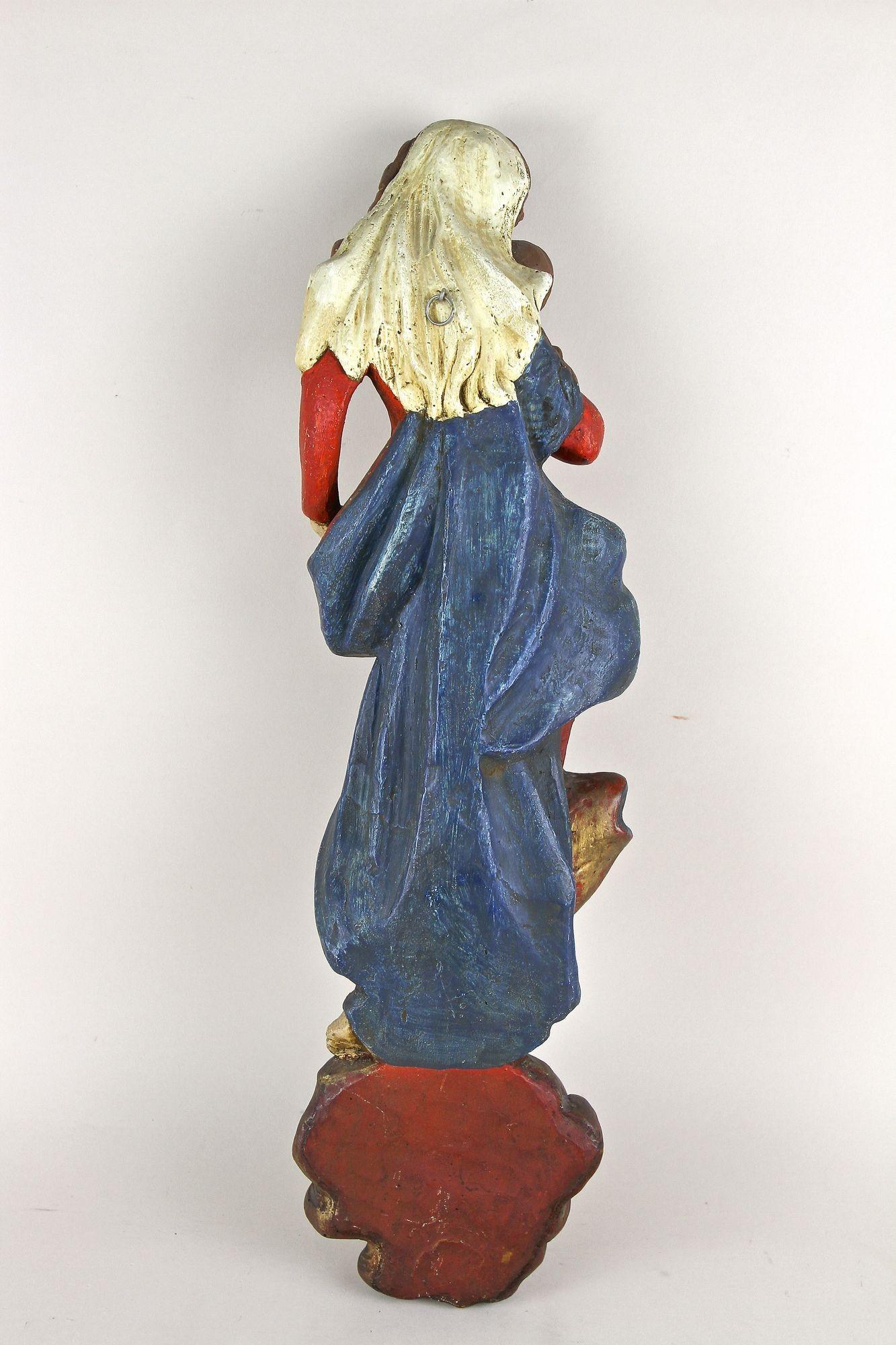 Austrian 18th Century Polychrome Virgin & Child Wall Sculpture, Handcarved, AT ca. 1760 For Sale