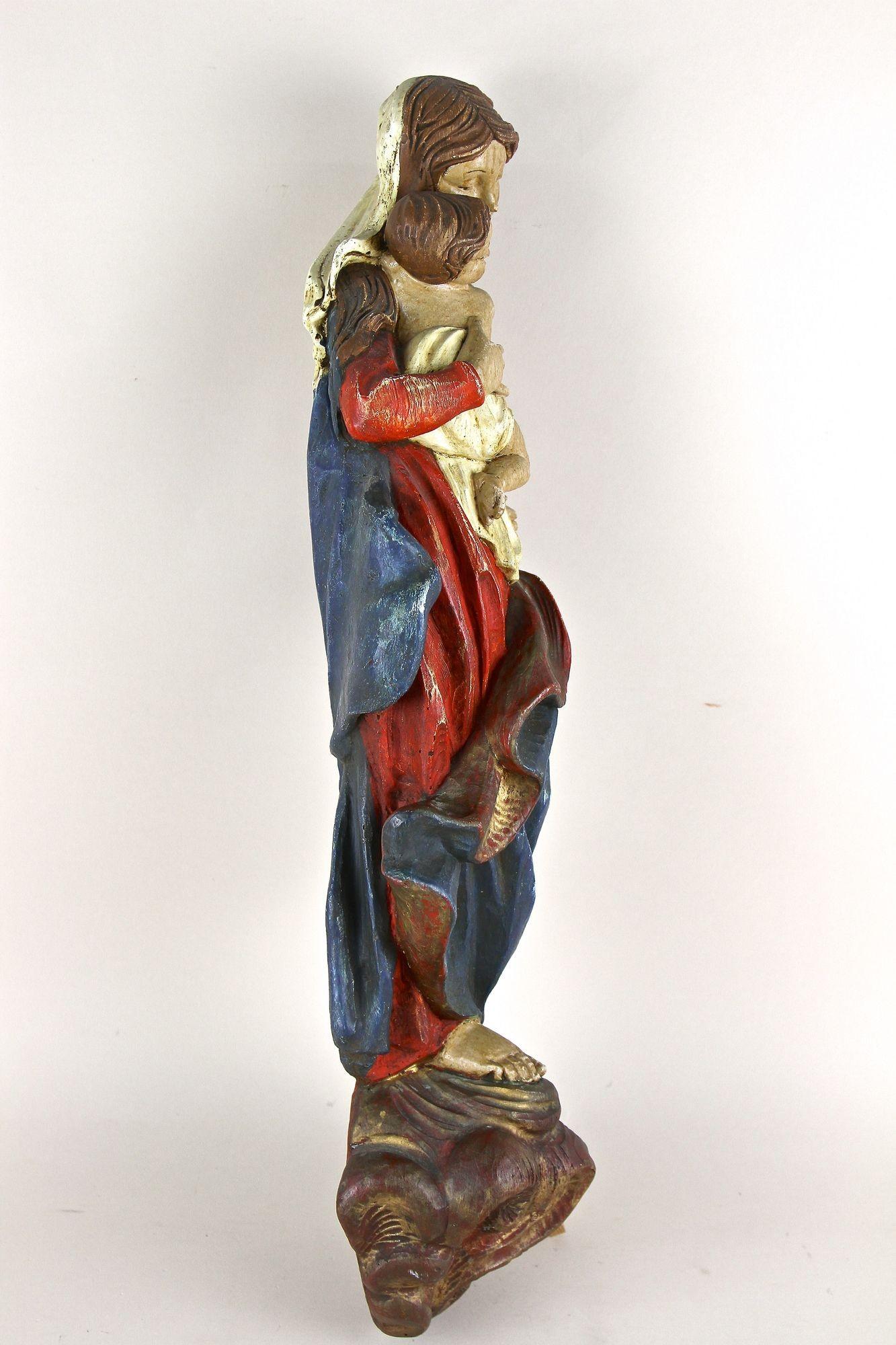 Hand-Carved 18th Century Polychrome Virgin & Child Wall Sculpture, Handcarved, AT ca. 1760 For Sale