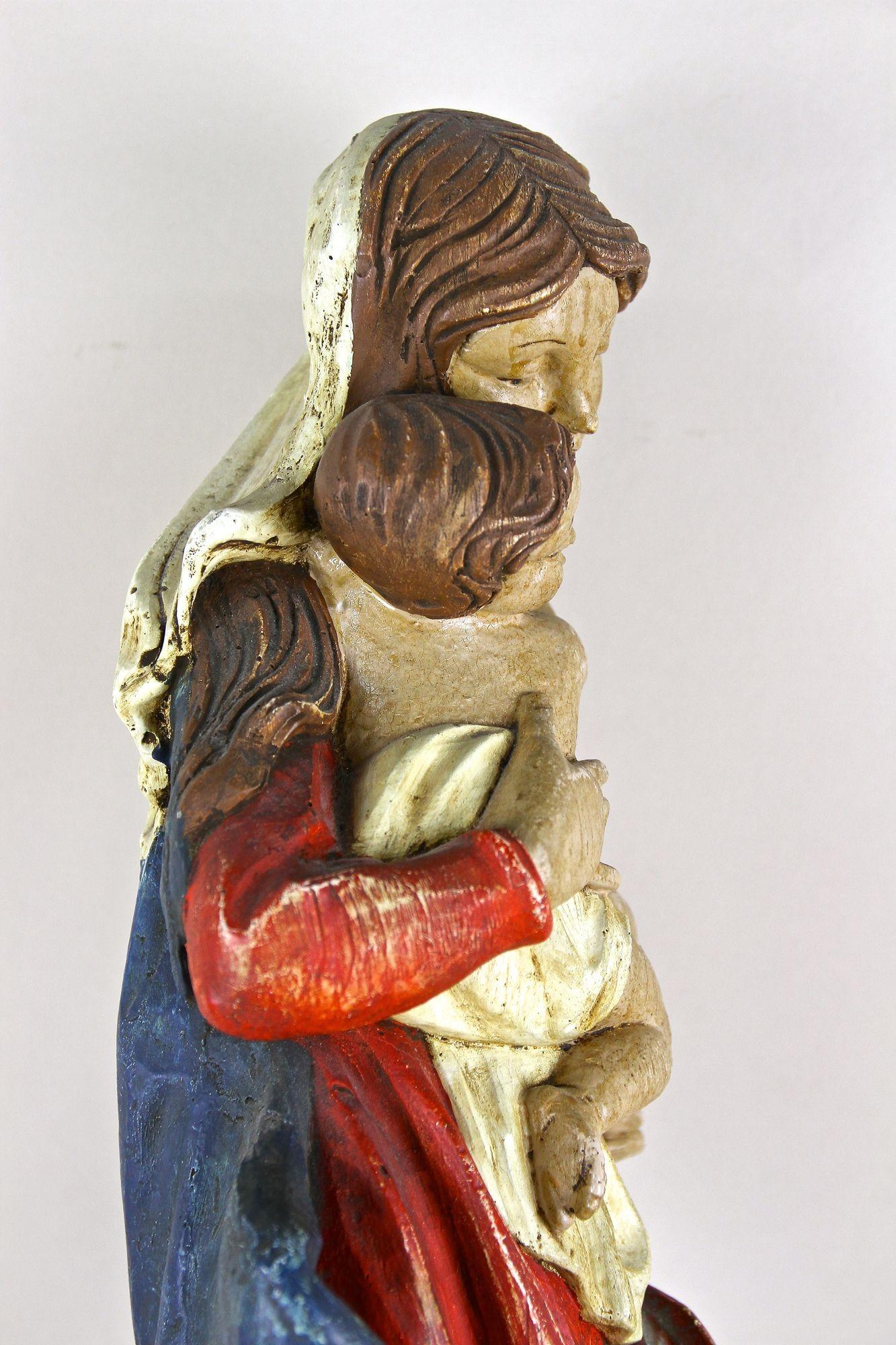 Softwood 18th Century Polychrome Virgin & Child Wall Sculpture, Handcarved, AT ca. 1760 For Sale