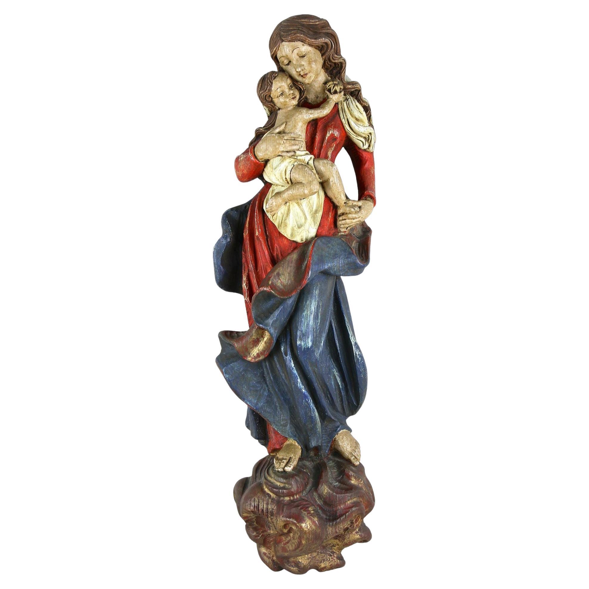 18th Century Polychrome Virgin & Child Wall Sculpture, Handcarved, AT ca. 1760