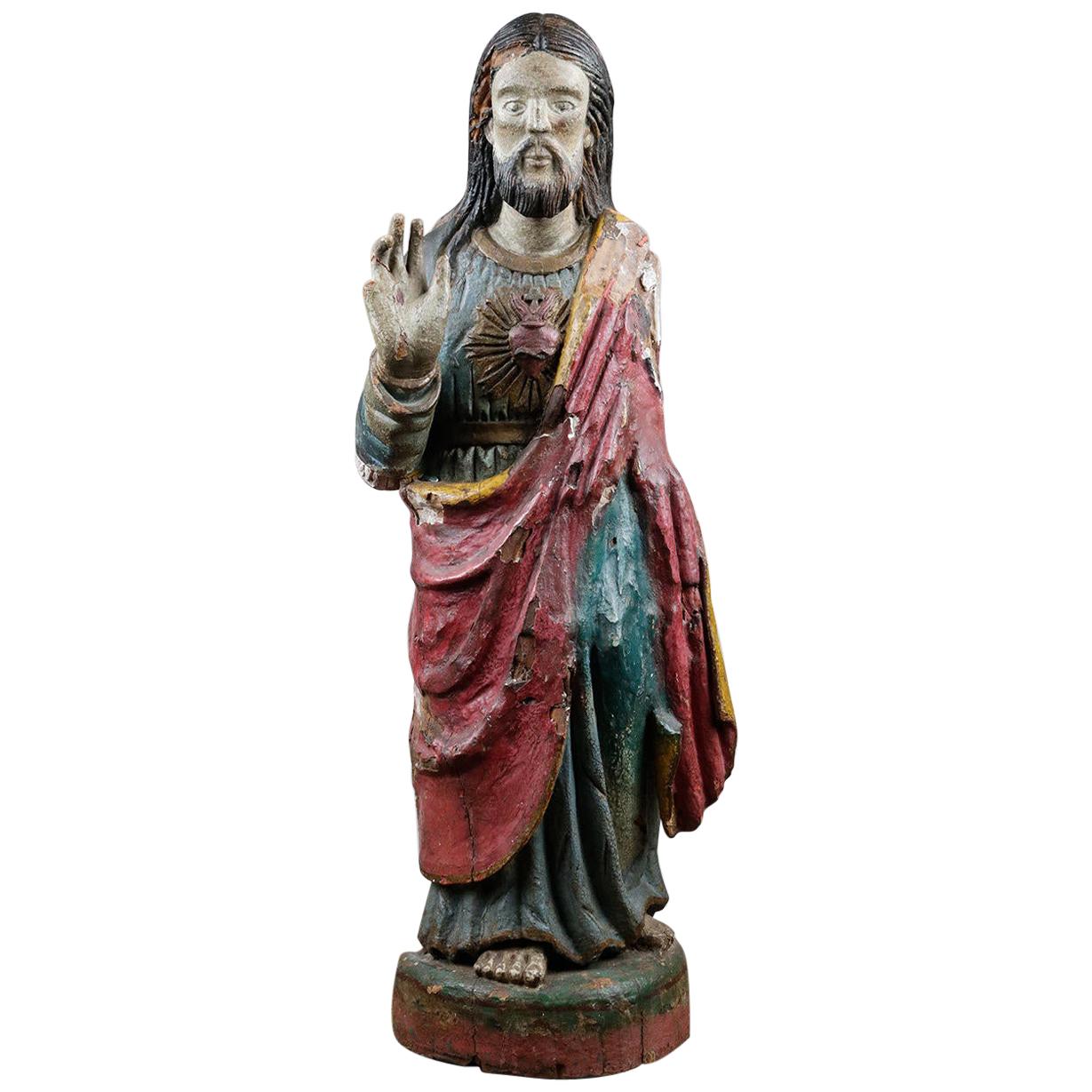 18th Century Polychrome Wood Christ Statue For Sale