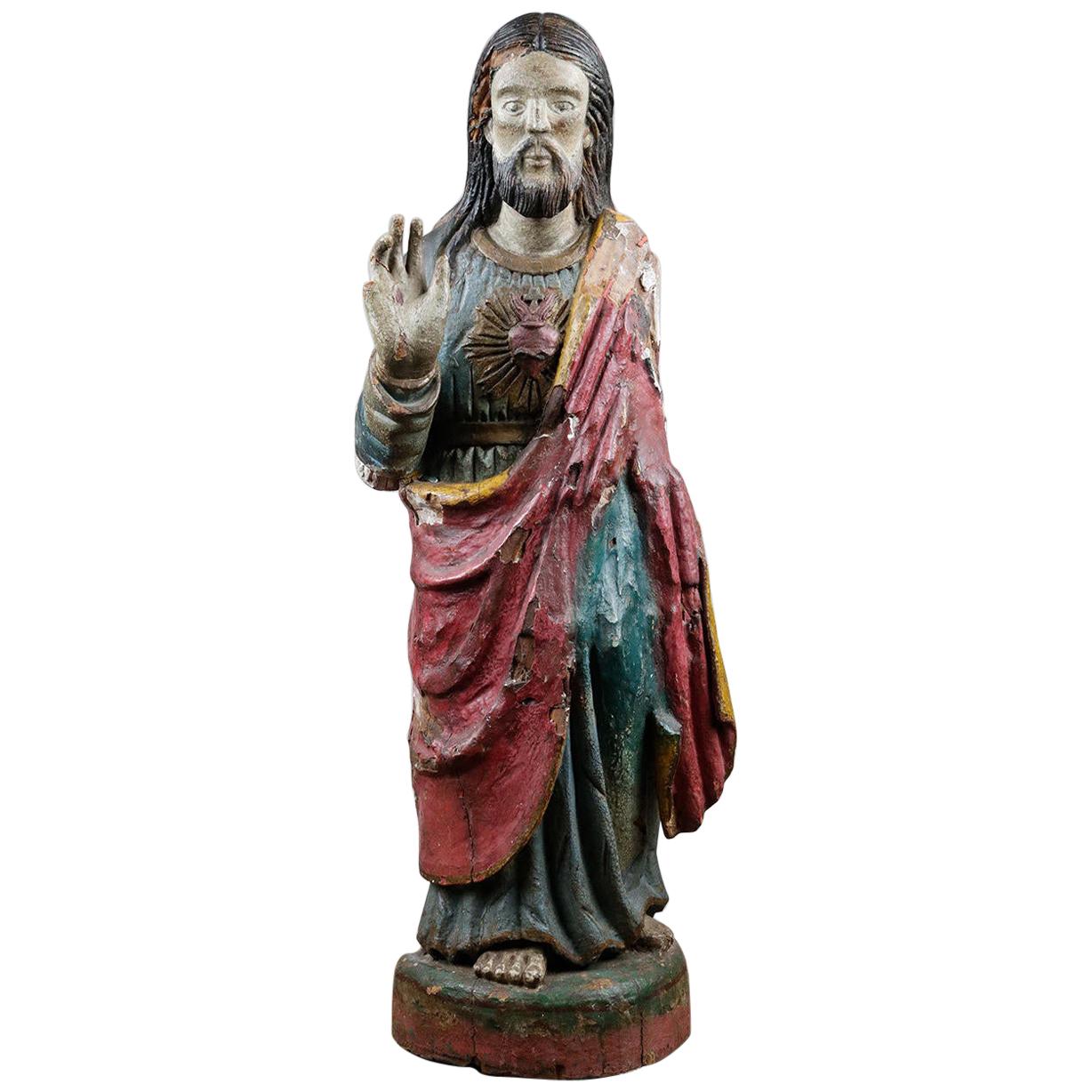 18th Century Polychrome Wood Christ Statue For Sale