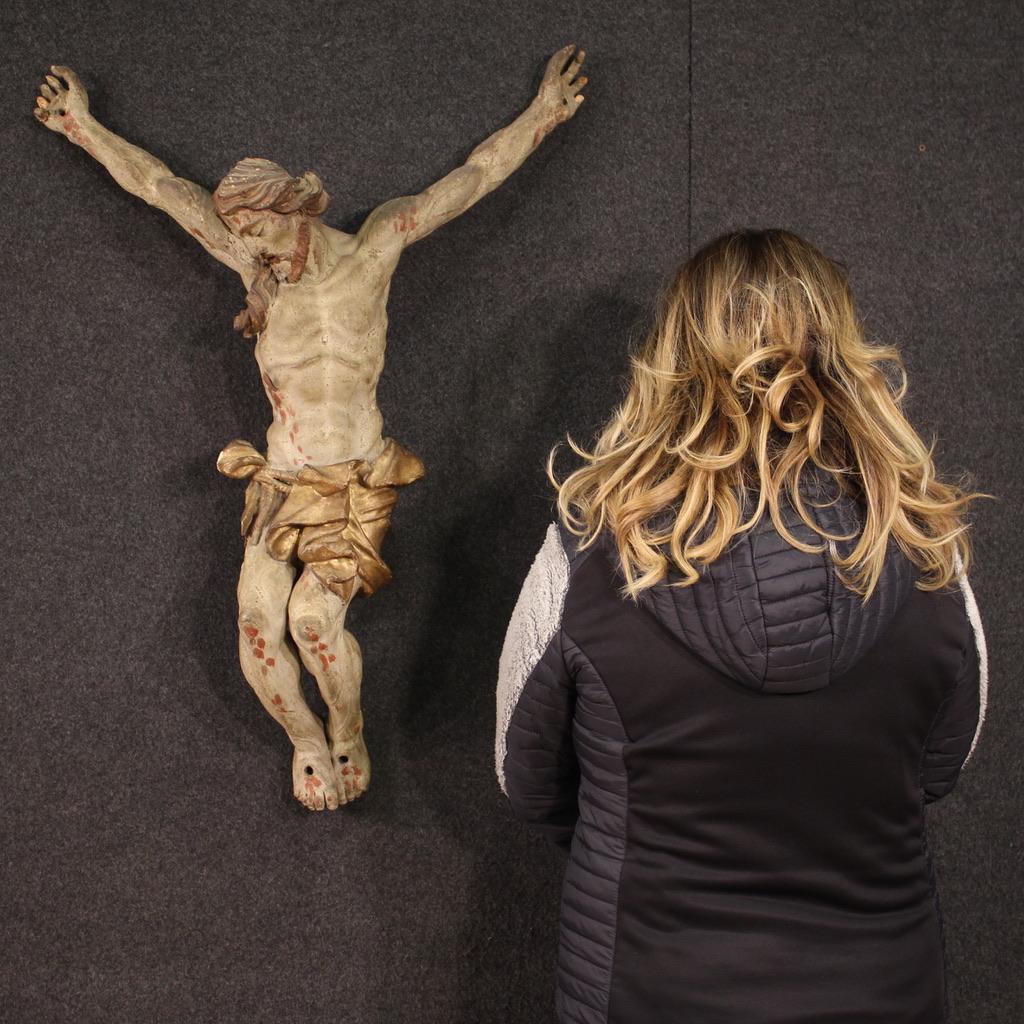 18th Century Polychrome Wood Italian Antique Sculpture Christ Crucified, 1720 In Fair Condition In Vicoforte, Piedmont
