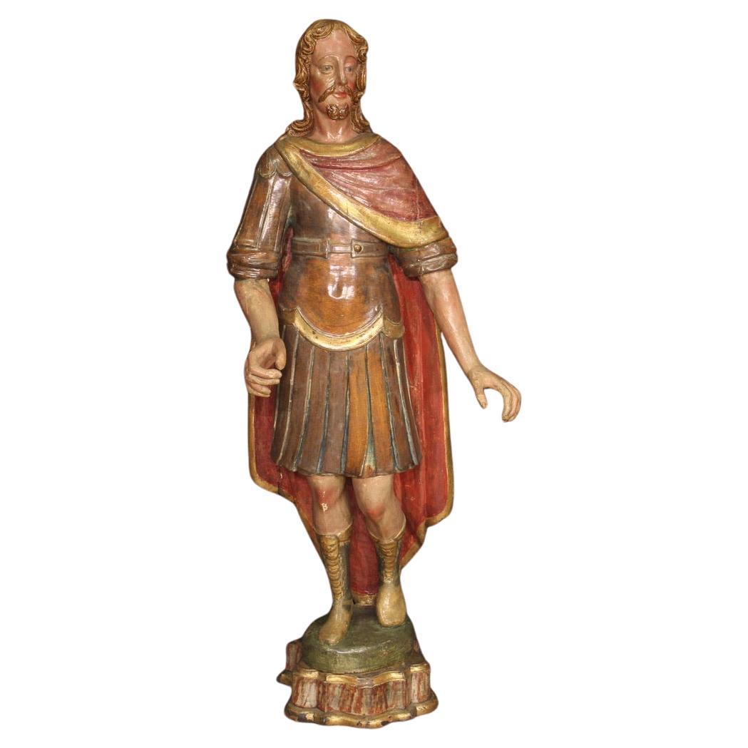 sculpture antique italienne en bois polychrome du 18e siècle, soldat romain, 1770 