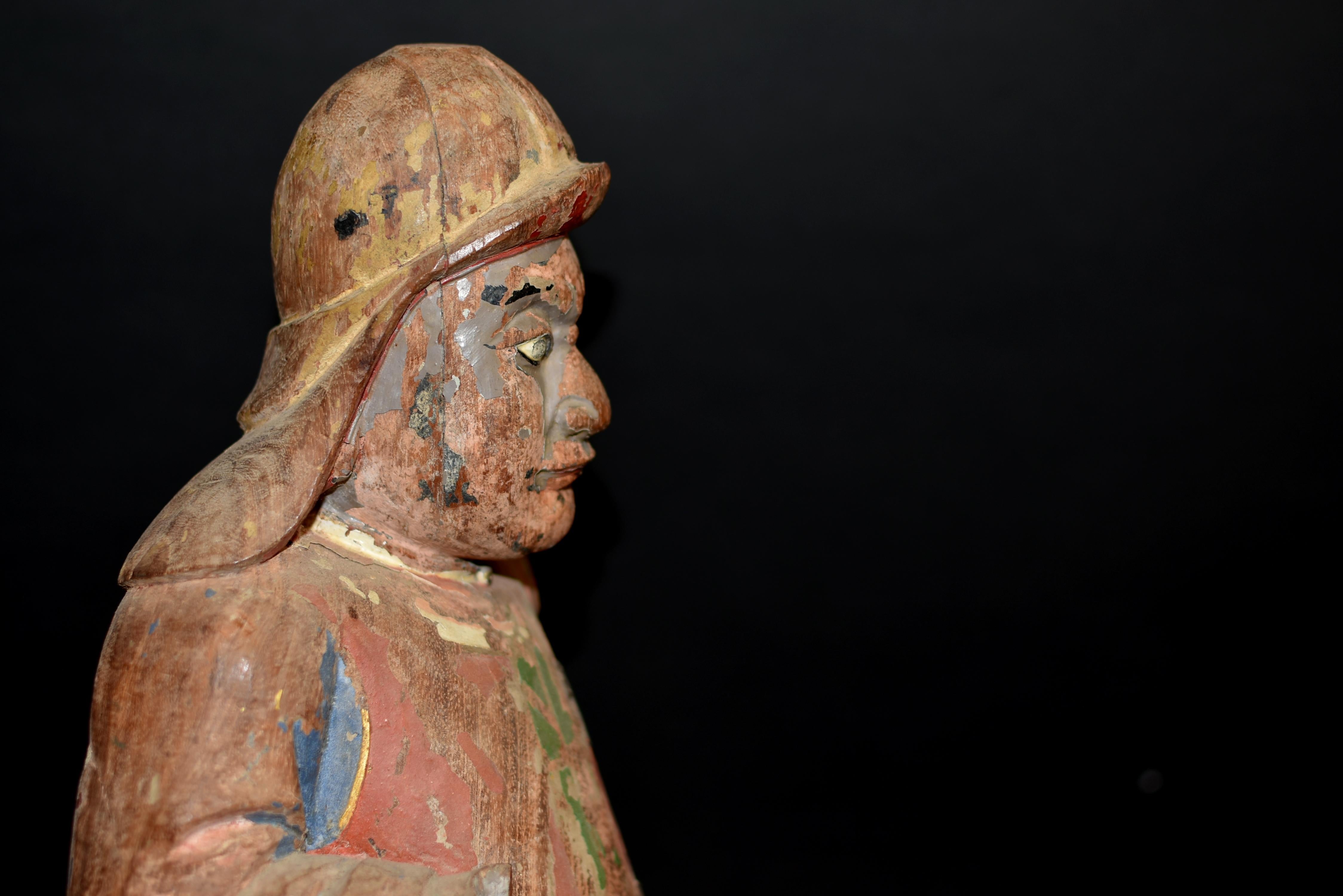 18th Century Polychrome Wood Statue of A Mongo Warrior Guard Ming Dynasty For Sale 4