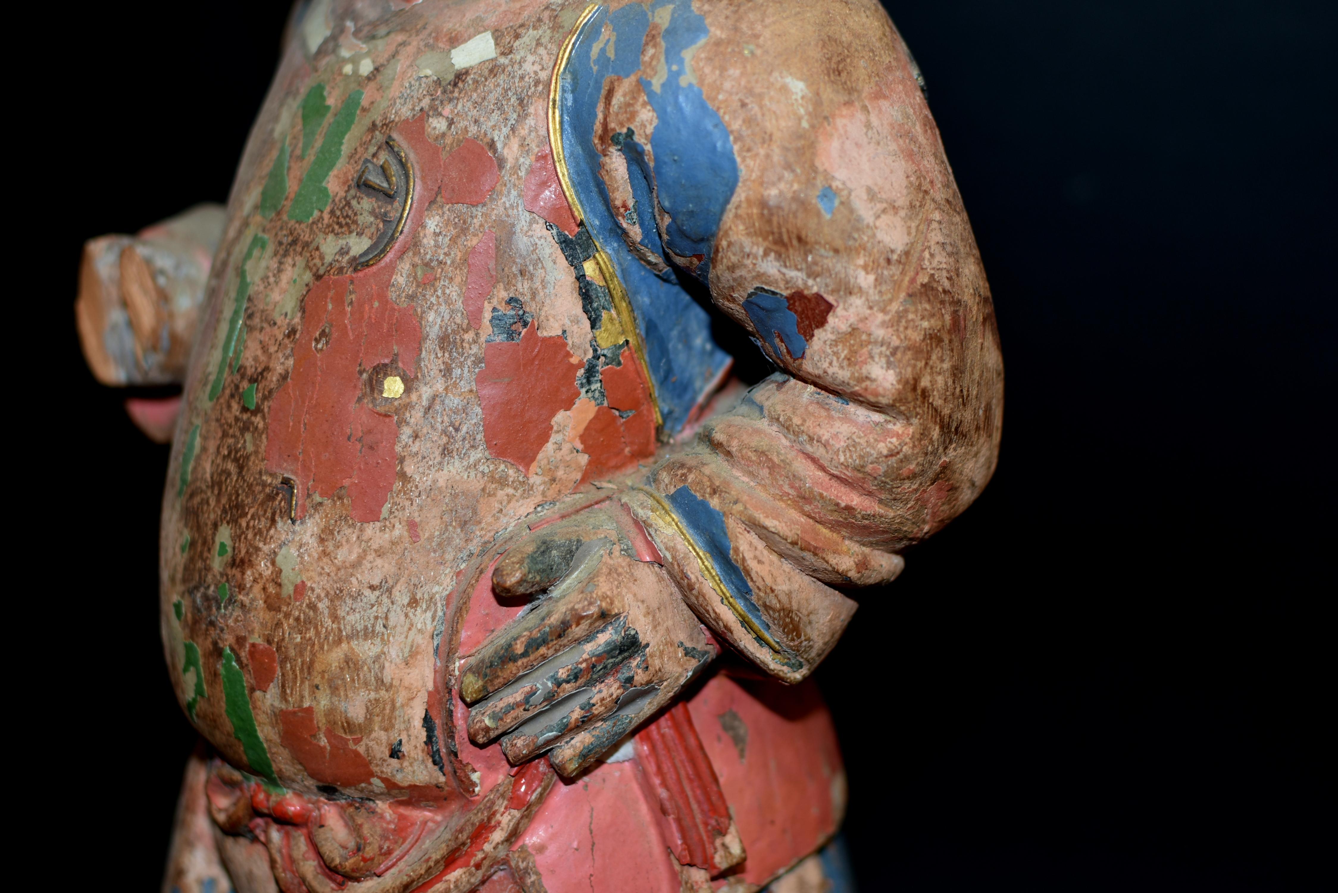18th Century Polychrome Wood Statue of A Mongo Warrior Guard Ming Dynasty For Sale 5