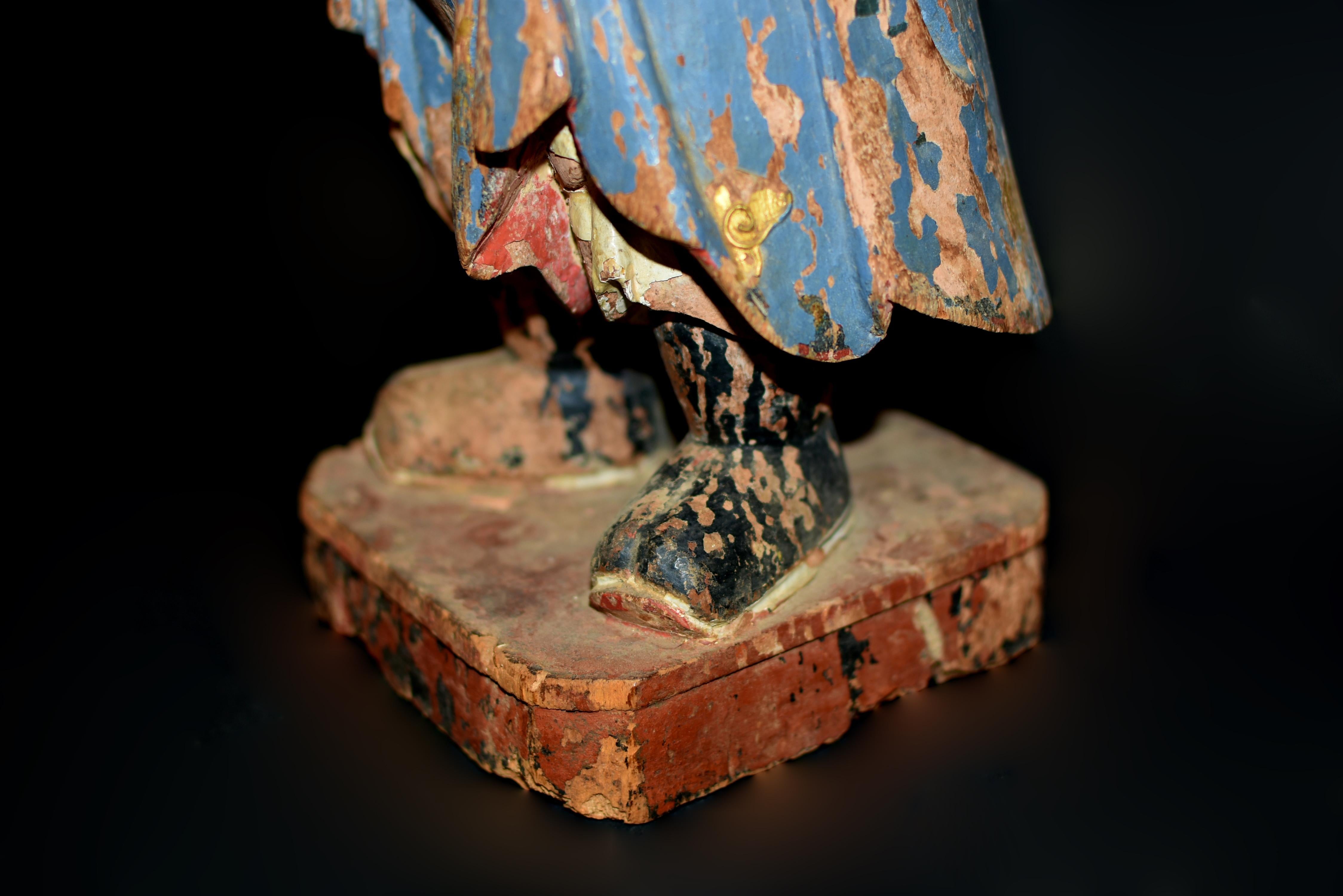 18th Century Polychrome Wood Statue of A Mongo Warrior Guard Ming Dynasty For Sale 7
