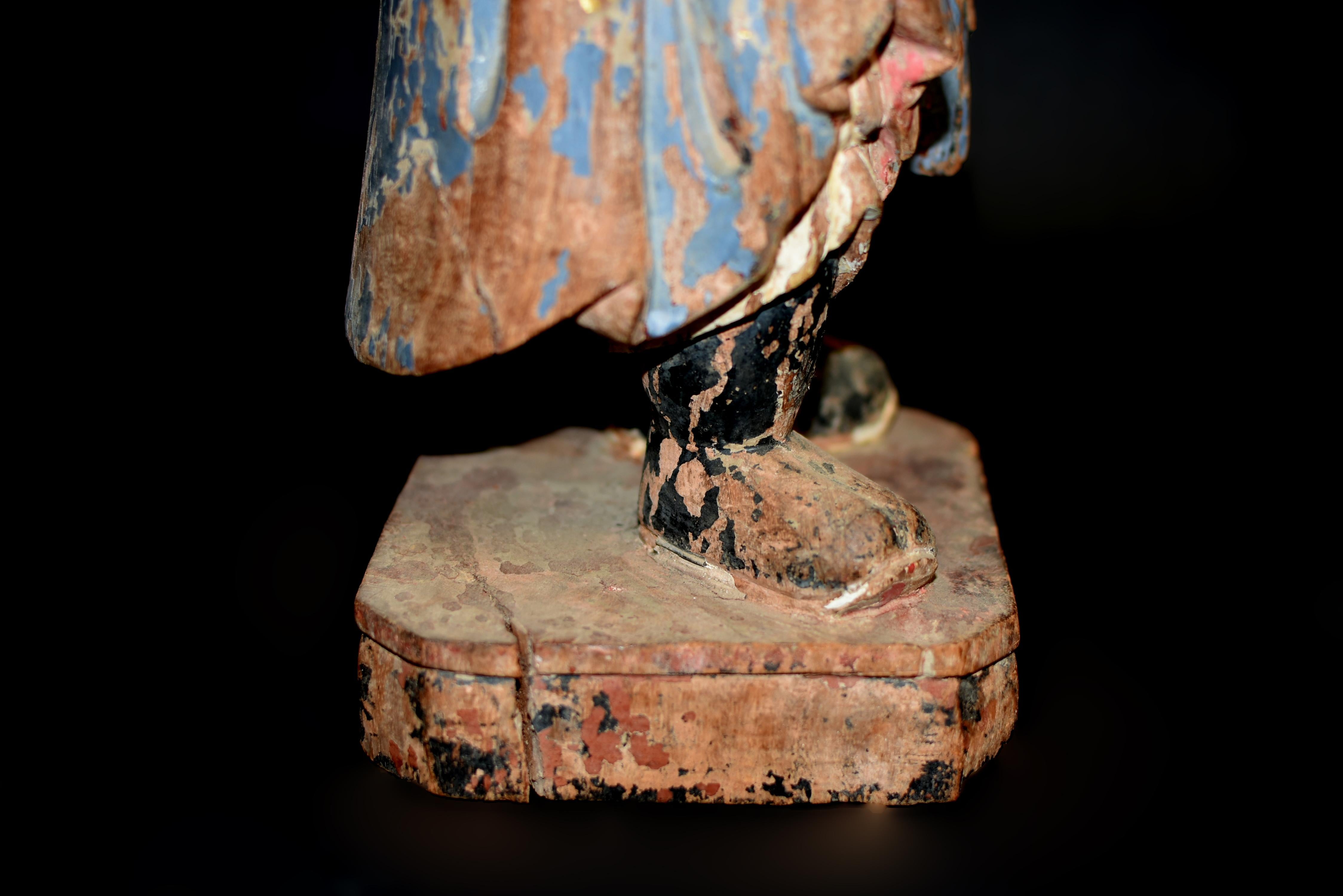 18th Century Polychrome Wood Statue of A Mongo Warrior Guard Ming Dynasty For Sale 8