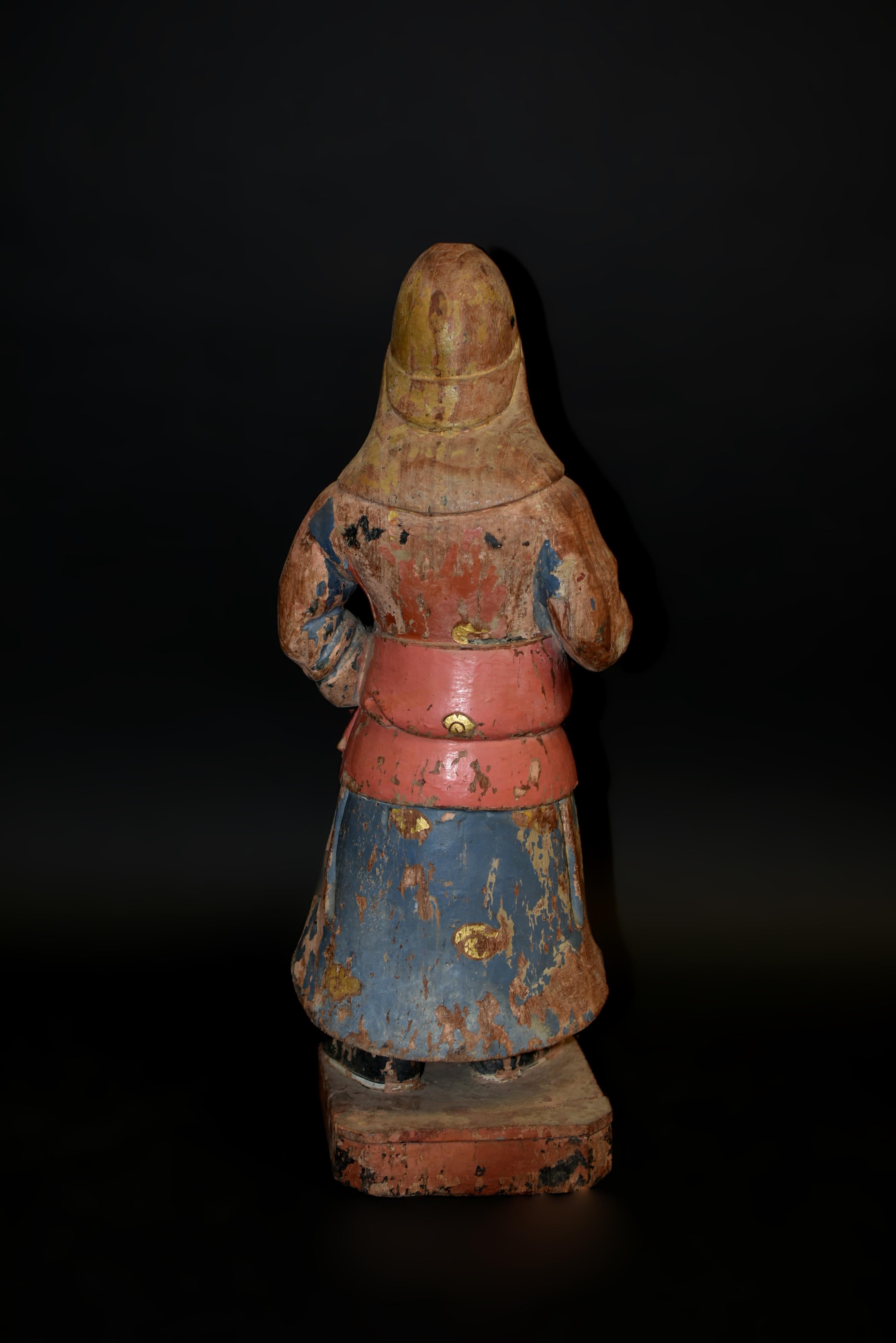 18th Century Polychrome Wood Statue of A Mongo Warrior Guard Ming Dynasty For Sale 9