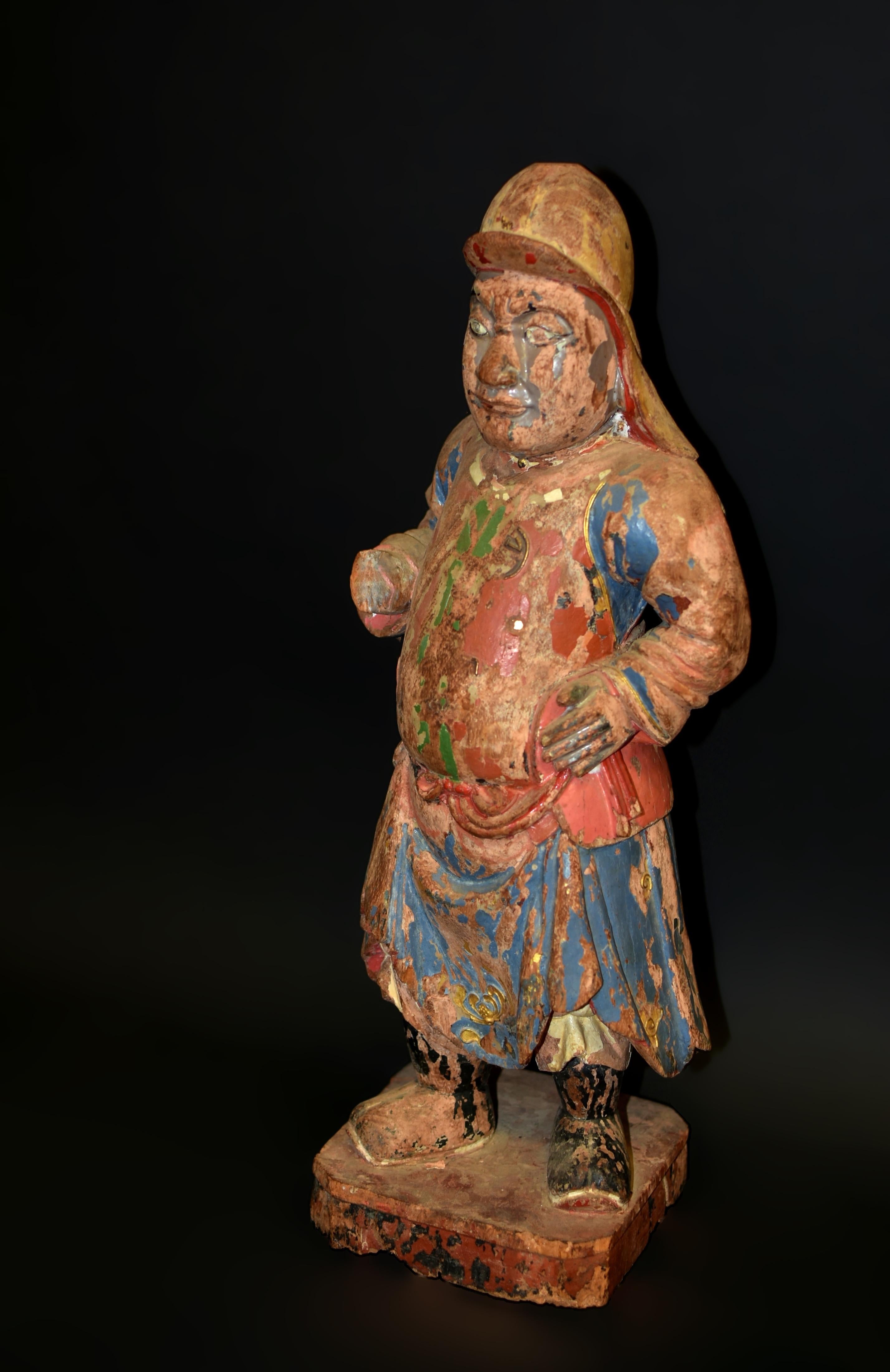 Chinese 18th Century Polychrome Wood Statue of A Mongo Warrior Guard Ming Dynasty For Sale